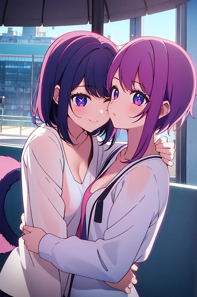 At school, two girls, looking at viewer, short pink hair, cat ears, super detailed, 4k, cat tails, lingerie, in a crowd, kissing, wet, open shirt