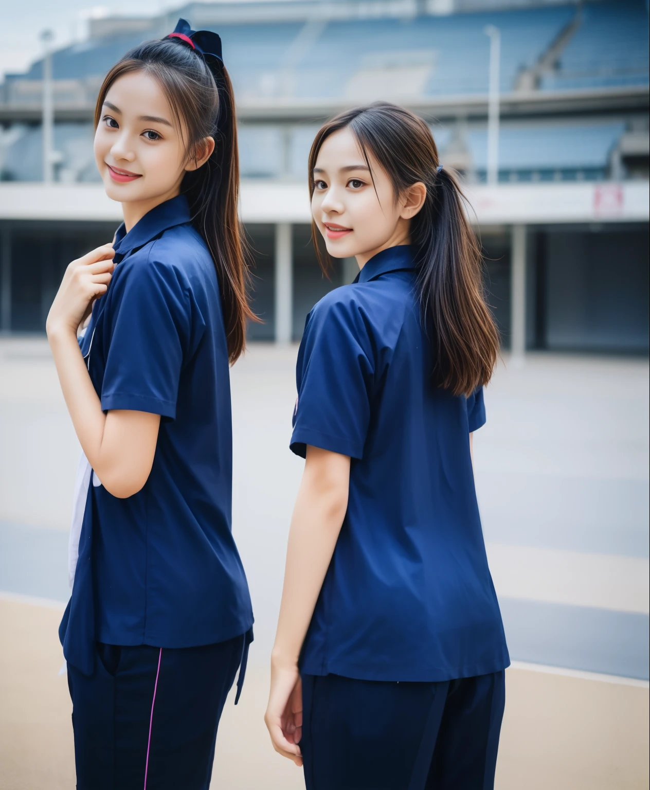(bestquality,10,10,highres,masterpiece:1.2),ultra-detail,(Realistic,ภาพRealistic,photo-realistic:1.37),1 Cute girl in the football field,oily shiny skin,bara,light smile,BDclothelue shirt:1.3)),short sleeves,shirt, trousers.,(navy_long_ติดตามtrousers:1.1), ((Stadium Background:1.3)),dynamic angle,excited,face focus,Dynamic Poses,from behide,Ass Focus,masterpiece, bestquality, ultra realistic, hyper-detail, 8k resolution, RAW photo, crisp focus, ((Navy blue shirt:1.1)), short sleeves, เส้นทางlong, Complete bodyแบบ, 2 mature women, 18yo, cinematic light,trousersวอร์มสีน้ําเงิน,Gymware,Correct anatomy,Complete body, Correct body, sharp face, Correct bodyทางกายวิภาค, full entire body, Realistic gestures, long-haired, Realistic poses,Wear long shorts.............................................,ช่วงขาlong,Shapely,Sculpting Girl, Slender Figure, mannequin mannequins, Shapely, Beautiful body,trousersวอร์มสีน้ําเงิน, Two girls kissing