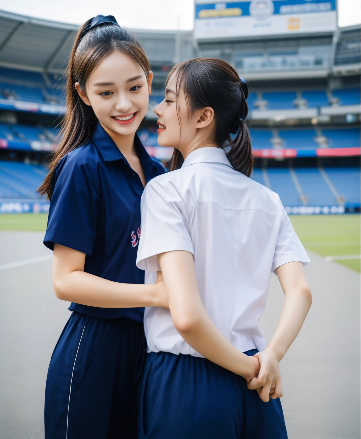 (bestquality,10,10,highres,masterpiece:1.2),ultra-detail,(Realistic,ภาพRealistic,photo-realistic:1.37),1 Cute girl in the football field,oily shiny skin,bara,light smile,BDclothelue shirt:1.3)),short sleeves,shirt, trousers.,(navy_long_ติดตามtrousers:1.1), ((Stadium Background:1.3)),dynamic angle,excited,face focus,Dynamic Poses,from behide,Ass Focus,masterpiece, bestquality, ultra realistic, hyper-detail, 8k resolution, RAW photo, crisp focus, ((Navy blue shirt:1.1)), short sleeves, เส้นทางlong, Complete bodyแบบ, 2 mature women, 18yo, cinematic light,trousersวอร์มสีน้ําเงิน,Gymware,Correct anatomy,Complete body, Correct body, sharp face, Correct bodyทางกายวิภาค, full entire body, Realistic gestures, long-haired, Realistic poses,Wear long shorts.............................................,ช่วงขาlong,Shapely,Sculpting Girl, Slender Figure, mannequin mannequins, Shapely, Beautiful body,trousersวอร์มสีน้ําเงิน, Two girls kissing
