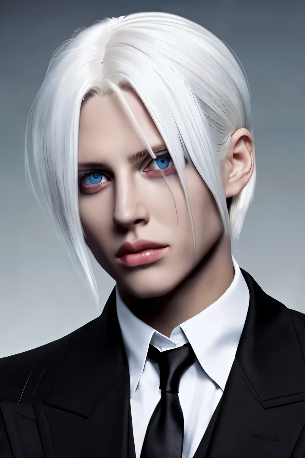androgynous male short hair platinum blonde extremely detailed eyes and face perfect anatomy Sephiroth