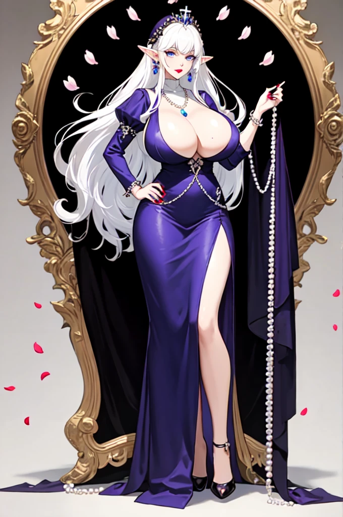 White background, backgound,(standing on your feet),1 Elven female, jewelry, White hair, Solo, necklace, Very long hair,Princess hairstyle,Long hair, Earrings, Moles under the mouth, black fingernails, petals, Purple lips, elvish ears，(huge breasts:1.5),hair adornments, flower, black flower, pearls necklace,Great bust, lipstick, Makeup, blue colored eyes, nail polish,shiny skin,huge tit, huge long breasts,cleavage,tit,(nun clothelack lace stockings,high-heels,Cabellour,(Mature female:1.6),full body
