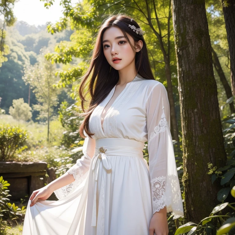 a beauty girl 18yo white skin wear traditional europe long white dress clothes, intricate design, raise her hair, daylight in deep forest, birds flying, high detailed, 8k, realistic photograph