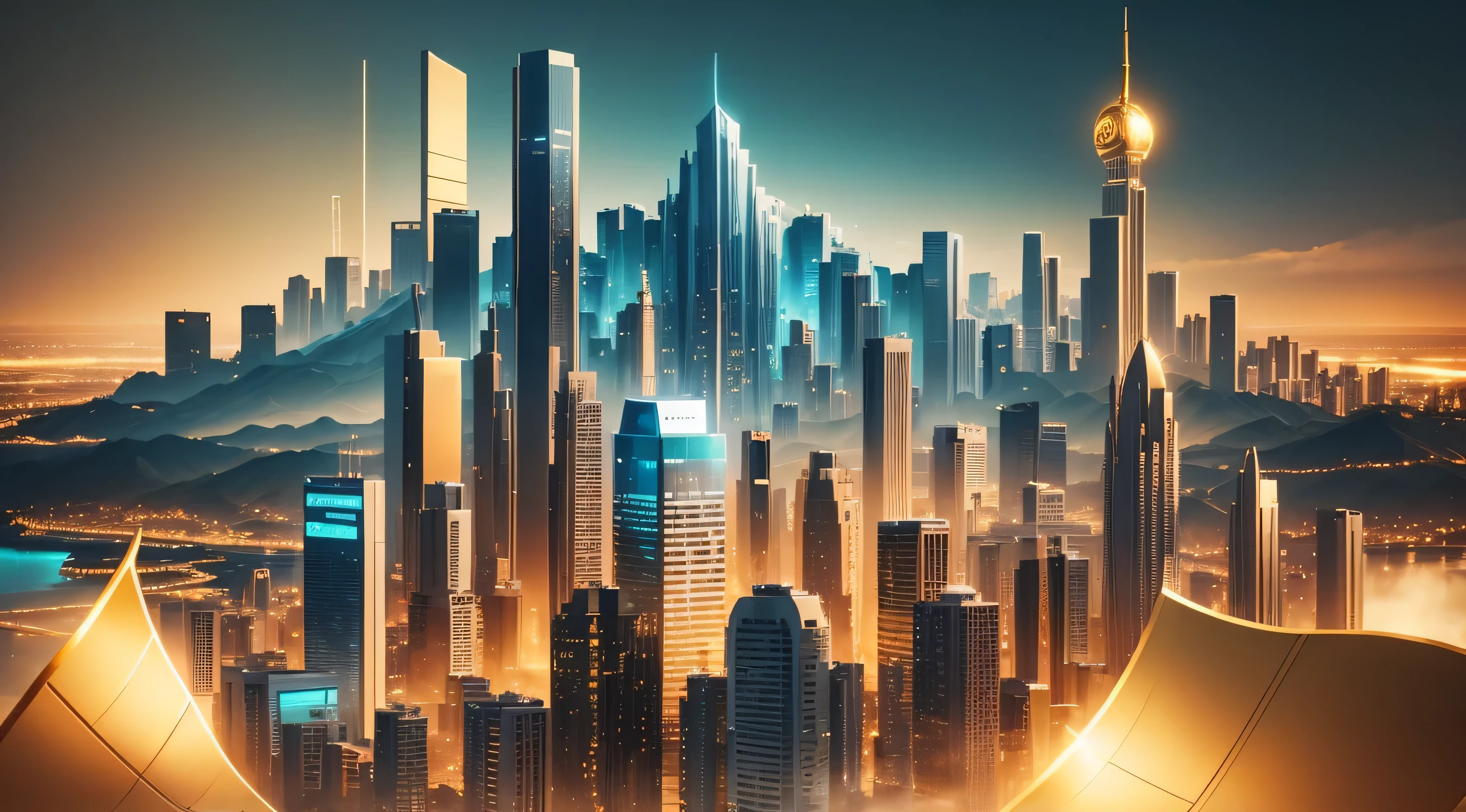 Cyan background,minimalistic background,key vision,The City of Gold,form golden font,A city made of financial elements、Gold coin financial data curve、Composed of technology and financial elements
