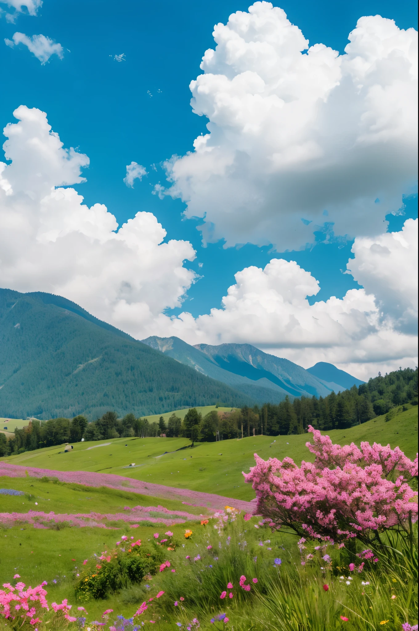 Mountain with clouds and beautiful flowers