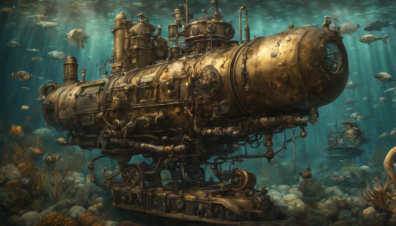 (captain nemo's diary illustration:1.5), (Underwater adventure:1.3), (Steampunk machinery:1.2), (Mysterious sea creatures:1.2), (Premium:1.4), (The is very detailed:1.0), 8K, RAW photogr, (tmasterpiece:0.2), ultra - detailed, (sense of wonder:0.8)