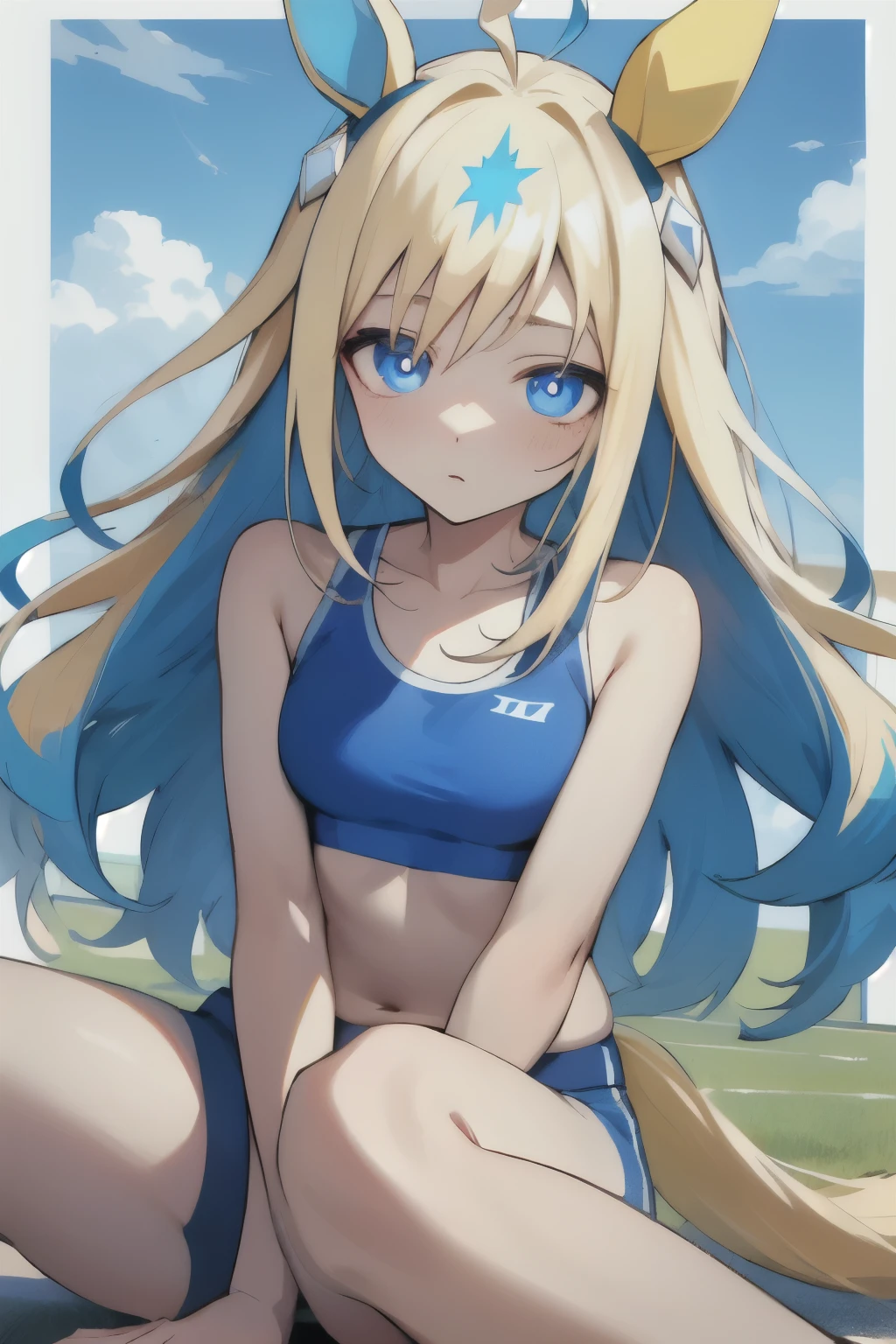 neo universe\(umamusume\), (ultra-detailed face), symmetrical face, beautiful face, masterpiece, best quality, sports bra, athletics track, slender, rikujou, horse tail, expressionless, hand between legs