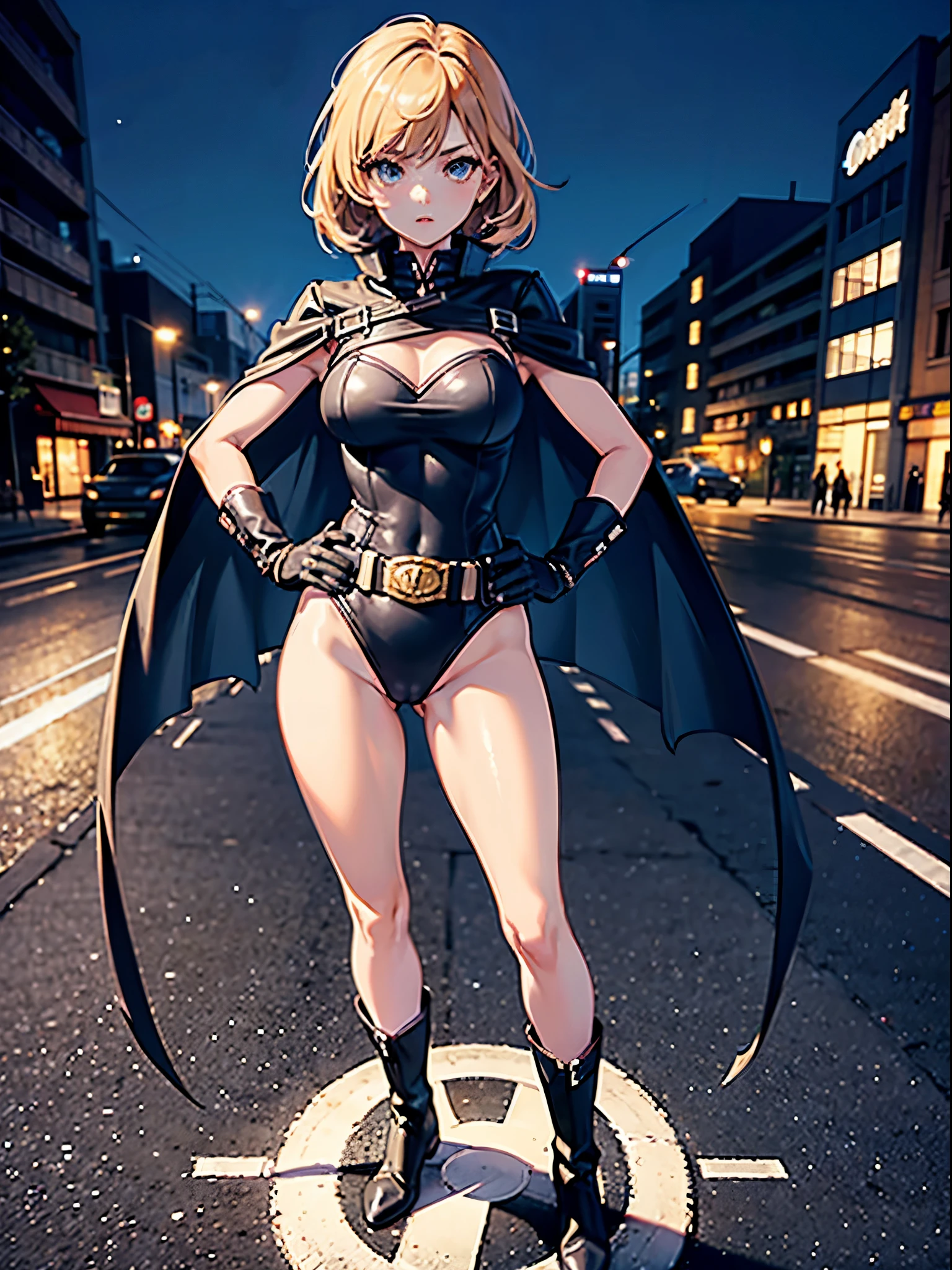1girl, medium breasts, leotard, bare legs, tight belt, boots, gloves, city backdrop, solo, single, hands on hip, standing, full body shot, cowboy shot, superhero, beautiful detailed eyes, power