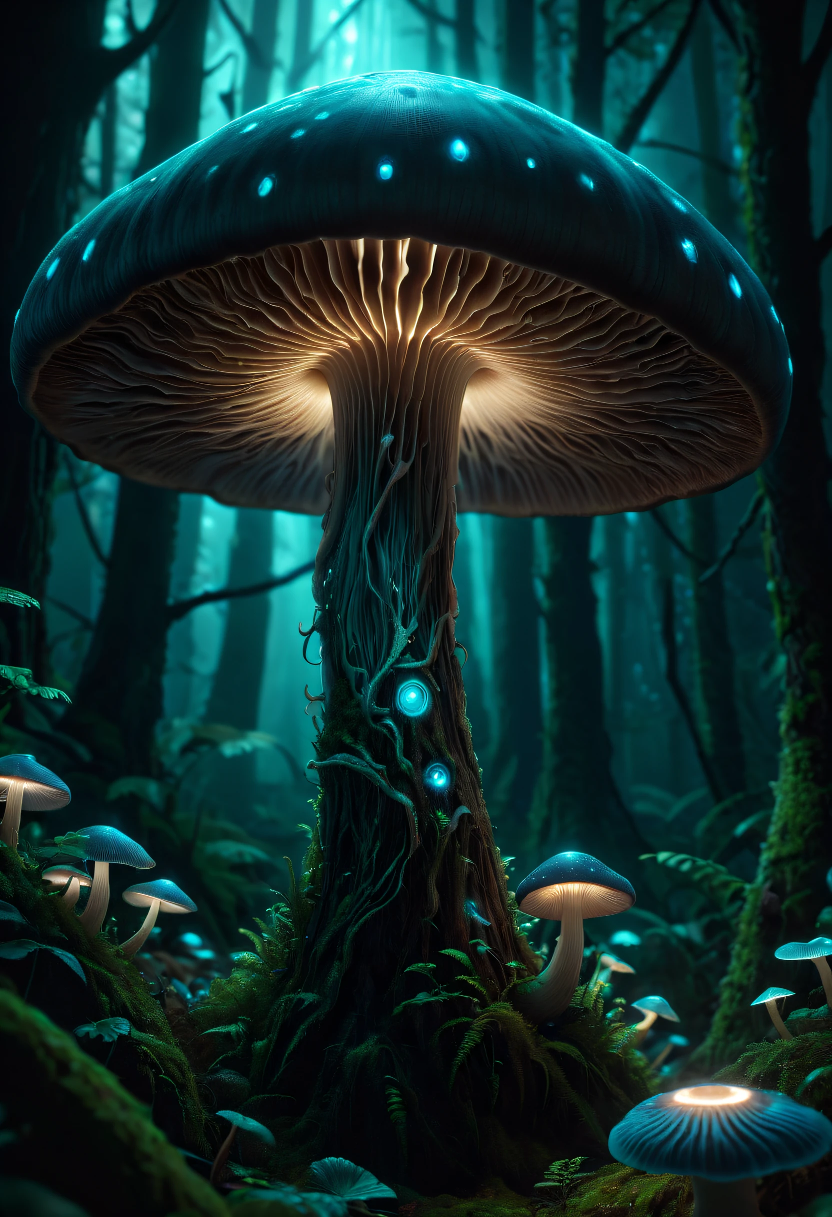 A sharp focus photo of a giant detailed bioluminescence mushroom, up close, (extremely detailed:1.3), Fantasy, octane render, zbrush. Character design, photorealistic, unreal engine, hyper-detailed, concept art, trending on art station. ((best quality)), ((masterpiece)), ((realistic)), (detailed), dark forest, (fantasy forest background illustration:1.1), style-swampmagic, style-nebmagic