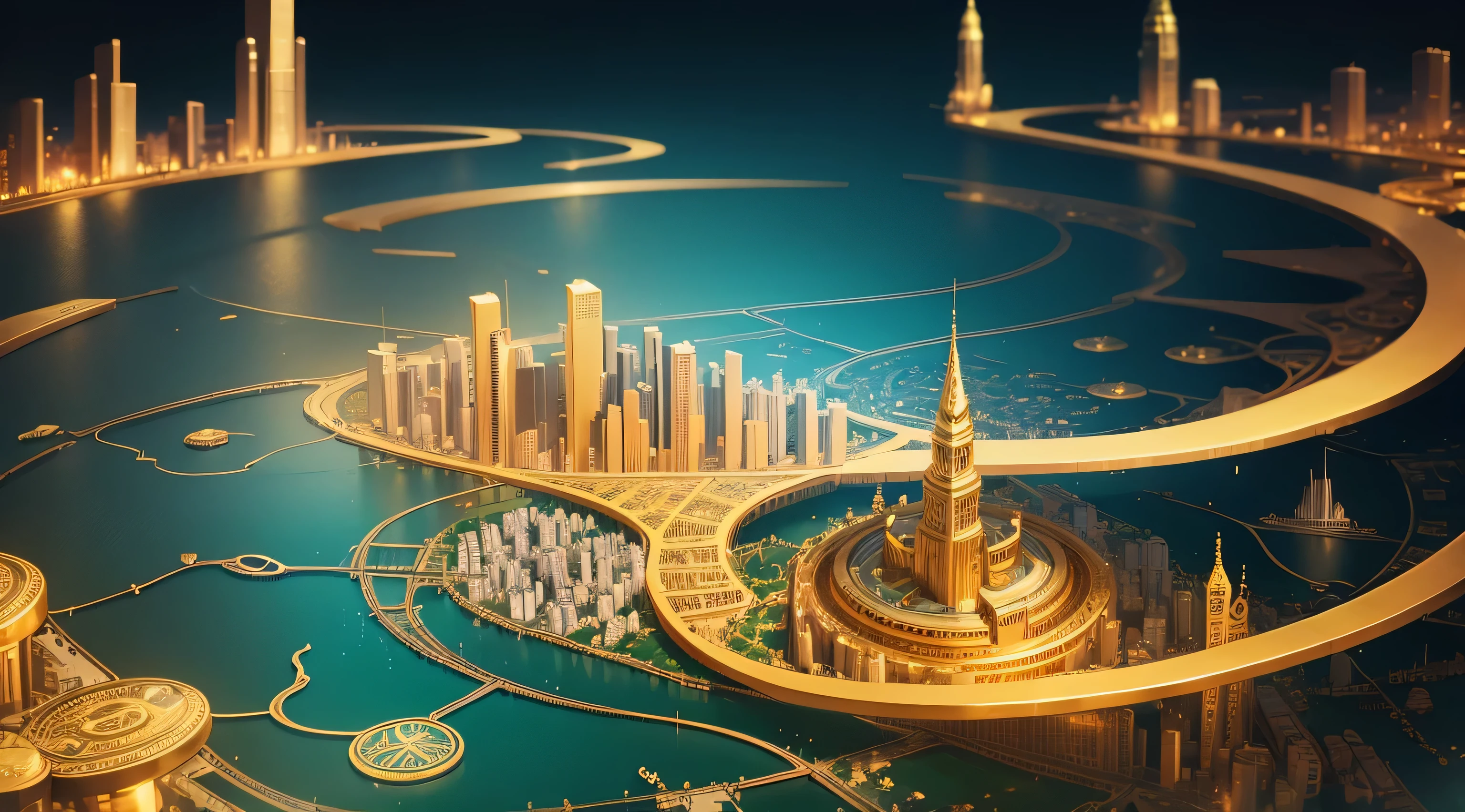 Cyan background,The City of Gold,form golden font,A city made of financial elements、Gold coin financial data curve、Composed of technology and financial elements