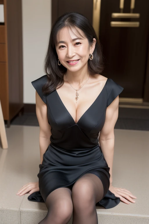 masutepiece, Best Quality, Photorealsitic, 4K, 日本人A MILF, (Solo), (((50 years old))), (Wrinkles at the corners of the eyes:1.5), (nasolabial folds:1.5), ((Large breasts)), (Saggy udder), A MILF, glamor, A sexy, Chromo-white skin, Mole on the mouth, Wavy long black hair, Looking at Viewer, (((my skin is old))), ((muscles are old)), Super large udder, Small diamond necklace, Diamond earrings, a-line satin dress, Black pantyhose, miniature tight skirt, high-heels, ssmile, Public places, sitted, opening legs