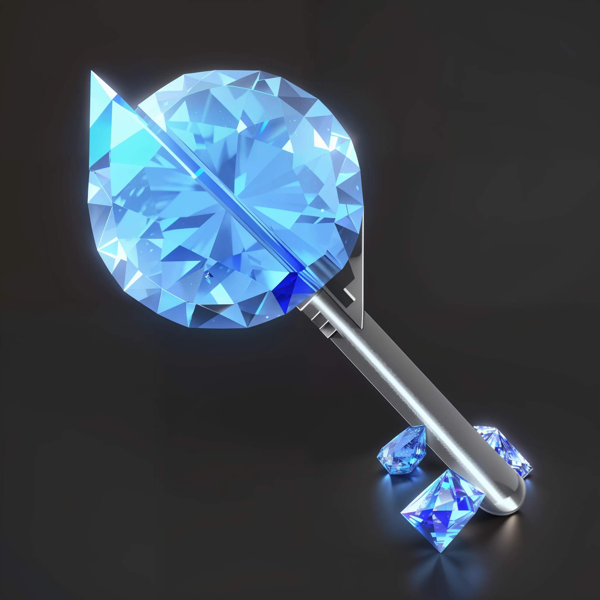 There is a blue crystal key,3D rendering,Smooth surface,Overclocked renderer,The key is in the center of the image, refractive crystal, k hd,high high quality,8K