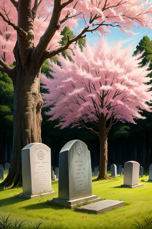 Small tombstone，big trees，No Man，pink flowering tree