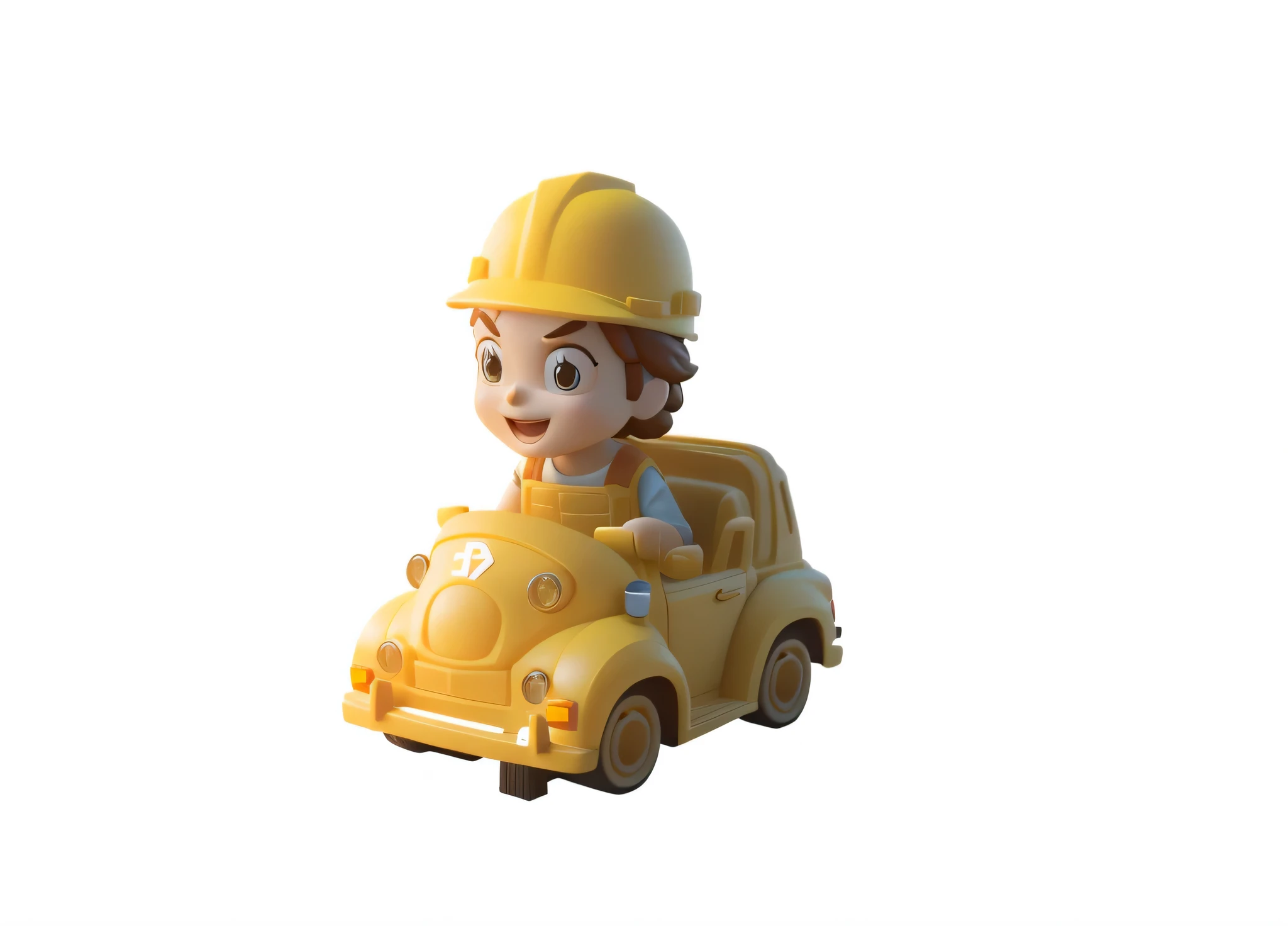There is a construction vehicle,There is a construction worker in the car,,Driving construction truck for construction work,People in the car cheered,Everyone in the car laughed,Animated characters, toy advertising photos, member sam, plastic toy, Driving a small toy car, 3D characters, 3d character, Render key shots, member, Cute 3d rendering, promotional render