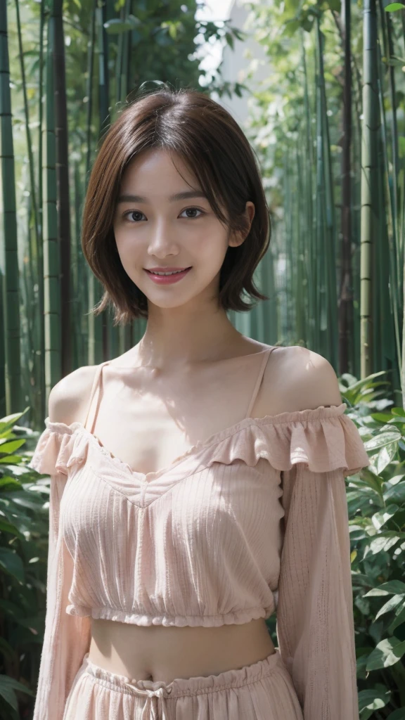 (On a table, Best quality, realistically, ultra - detailed, meticuloso, A high resolution, 8k wallpaper), Close-up portrait of a beautiful woman, Chariada, Smiling, light brown messy hair, Perfect dynamic composition, 美丽meticuloso的眼睛, Just like the cover of a fashion magazine, On campus