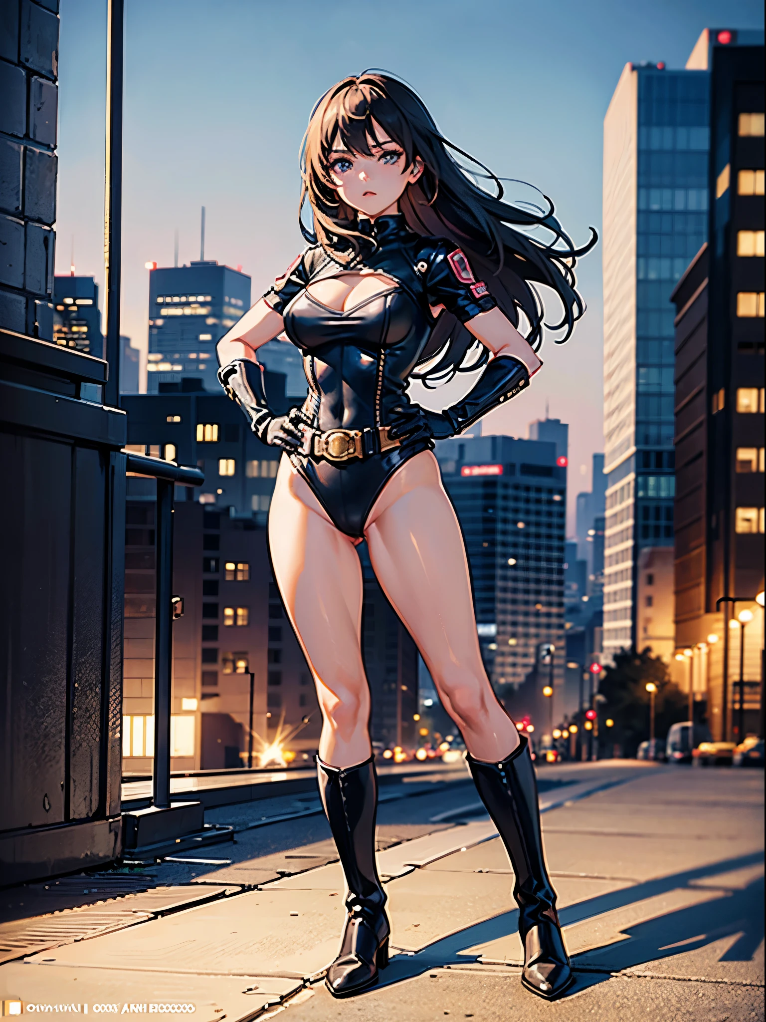 1girl, medium breasts, leotard, bare legs, tight belt, boots, gloves, city backdrop, solo, single, hands on hip, standing, full body shot, cowboy shot, superhero, beautiful detailed eyes, power, mature lady