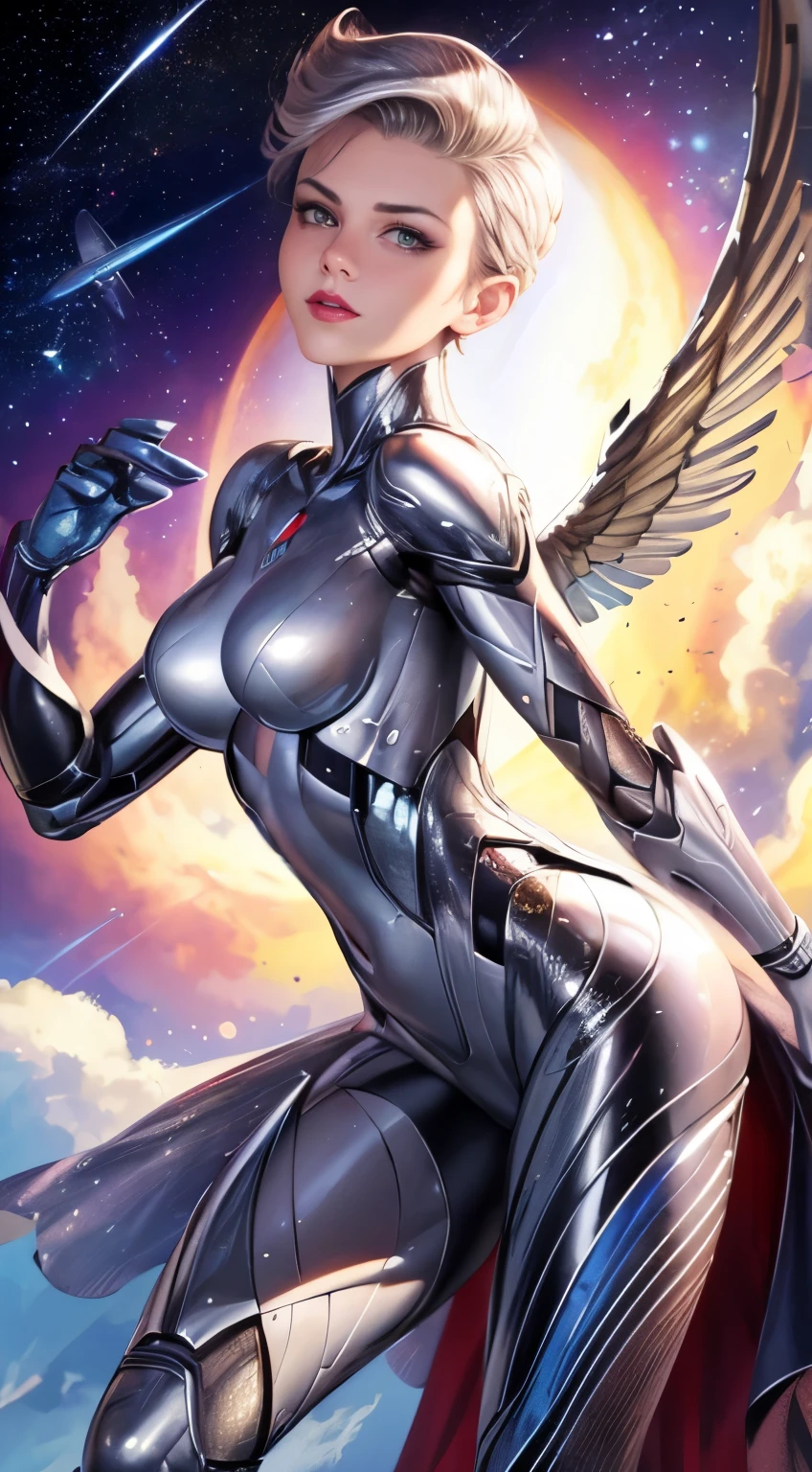 realistic image, best possible quality, adult woman, with her entire body in shiny metallic silver, her face is uncovered but her head and short hair are metallic and point towards the back, She is Caucasian and wears red lipstick, her forearm is uncovered, she has small shiny silver metallic wings, she flies in outer space