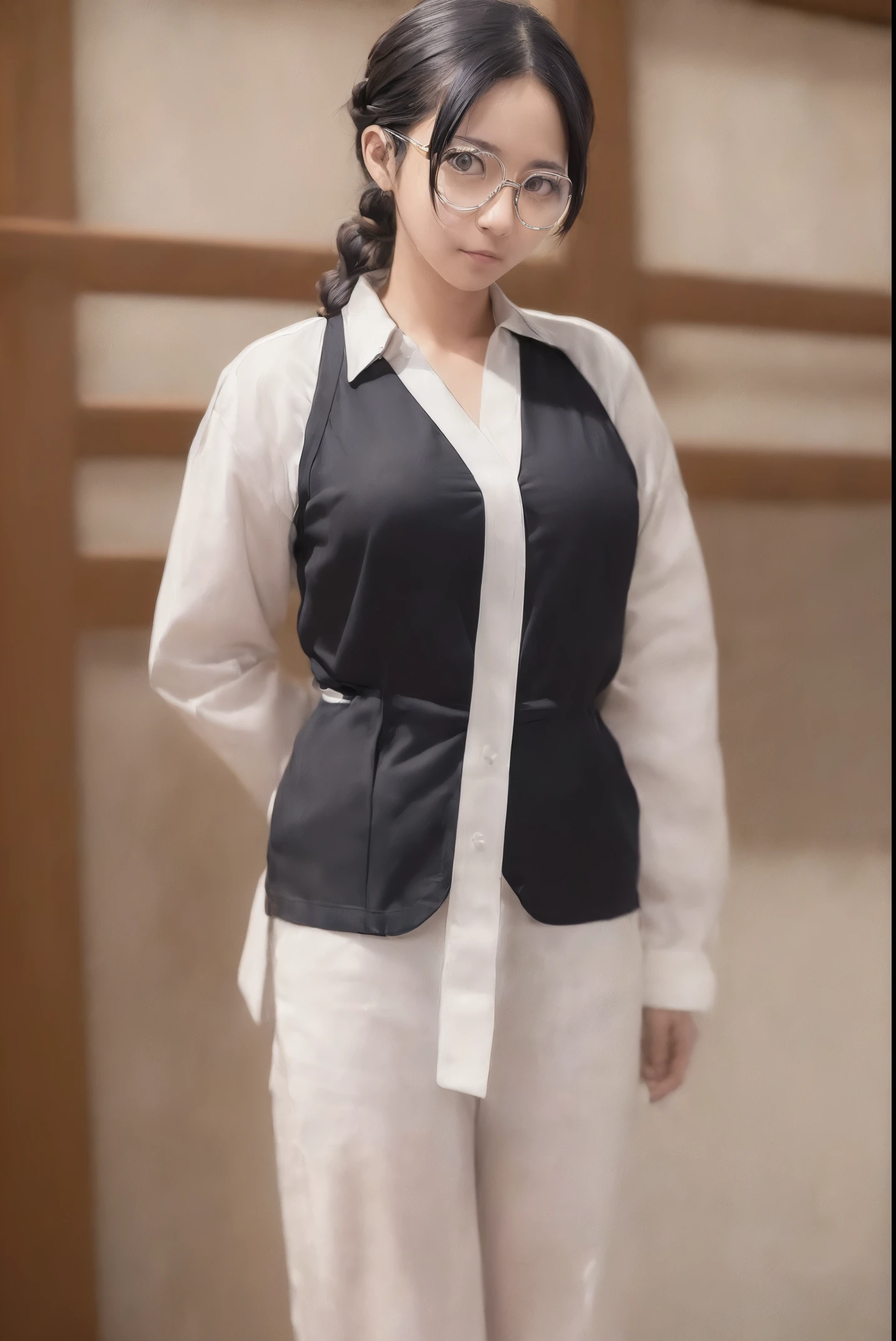 ((masterpiece:1.4, best qualit:1.4, high resolution:1.4)), Katori, 1girl, solo, black hair, glasses, single braid, japanese clothes, smile, standing, arms behind back, cowboy shot, adjusting eyewear, female focus