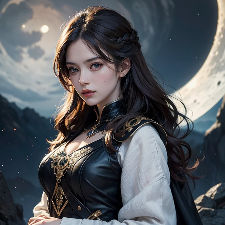 high details, Best Quality, 8K, [ultra-detailliert], masutepiece, Best Quality, (Extremely detailed), Dynamic Angle, Ultra Wide Shot, Photorealistic, Fantasy Art, dnd art, RPG art, Realistic Art, 女性の人間の聖職者のultra wide-angle像, Holding a spear, Wearing a black cloak, black robe with star sigil (1.5 intricate details, masutepiece, Best Quality), sacred symbols for casting spells, white magic seal (1.5 intricate details, masutepiece, Best Quality), wearing a black armor, plate mail armor, Symbols of the stars and the moon, Blue light from the symbol, Brown hair (1.5 Contract details, masutepiece, Best Quality), Long hair, Braided hair, Big breasts, intense eyes, Yellow eyes, moon and straz background, ((Atmosphere of God worship)), moon light high details, Best Quality, hight resolution, ultra wide-angle