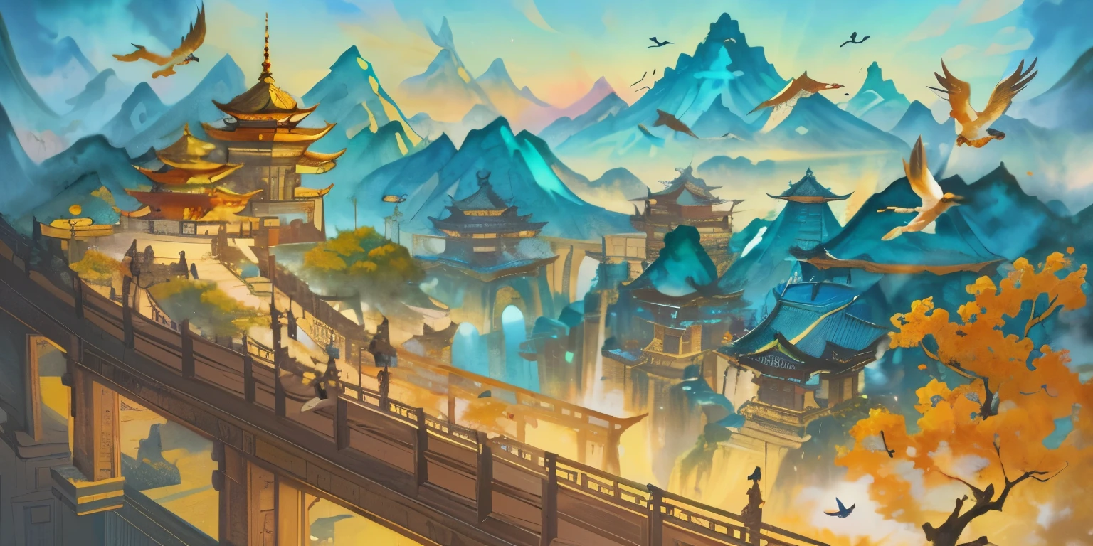 an image of an asian landscape with mountains and birds in the air, in the style of fantastical otherworldly visions, light cyan and gold, intricately mapped worlds, hyperrealistic illustrations, romanticized cityscapes, detailed character illustrations, organic shapes and curved lines, --v6