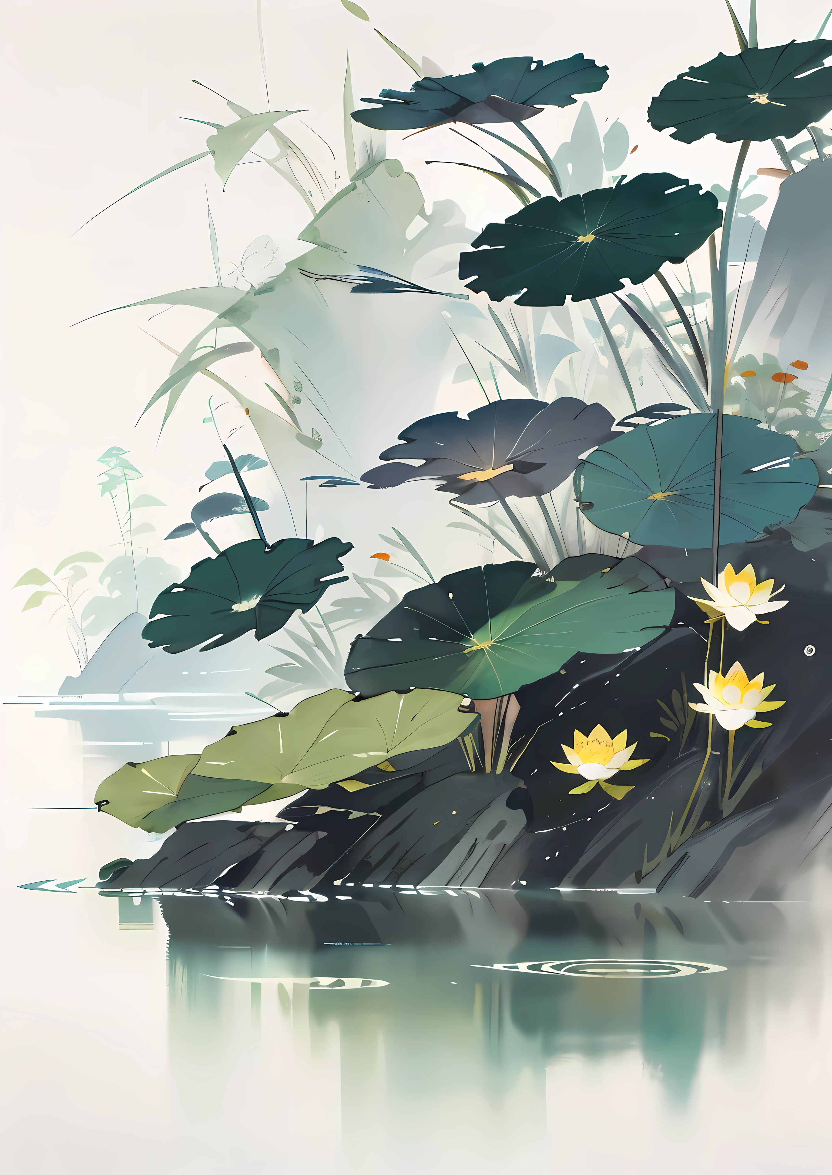 white backgrounid，There are fish，there are waters，There are lotus leaves，There are dew drops on the lotus leaves，China-style，There are buildings