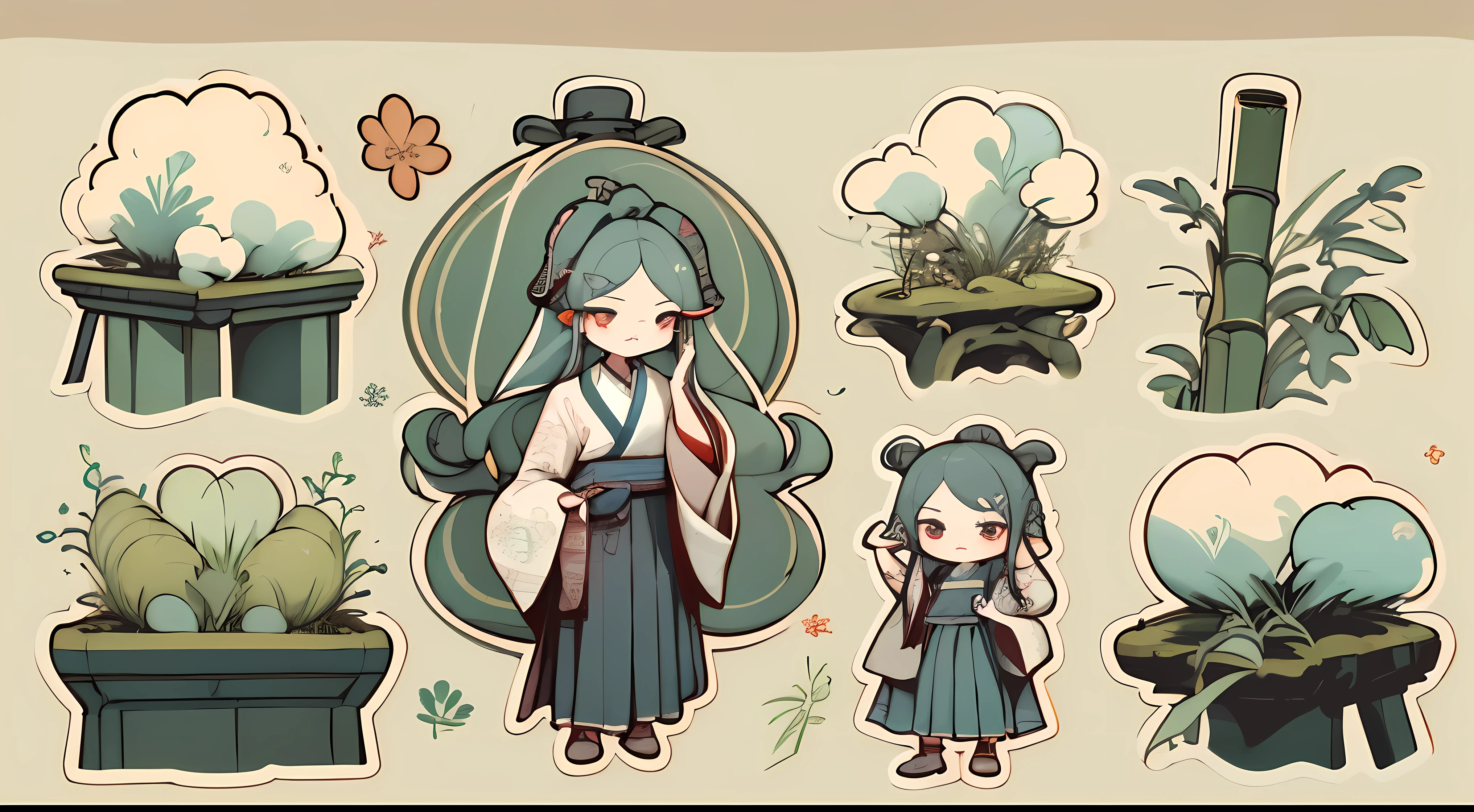 1 sticker, handbook, (sticker, 1 girl, Chinese Ming dynasty clothes, gorgeous collar top, pleated long skirt, hanfu, embroidery, hairpin, bamboo, moss, pavilion), watercolor, light background,  background, minimal, cute, tiny, pastel color, vector style, no gradient,