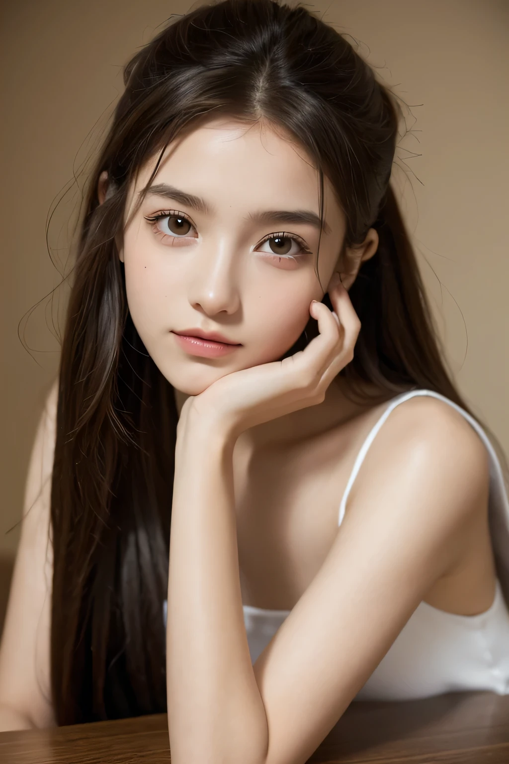 On a table、Best quality at best、A high resolution、Eleonora Pavinato, , Young headshot in the room sweet z dużym dekoltem brunette bun hair oczami sekswina, sendada nlakama.