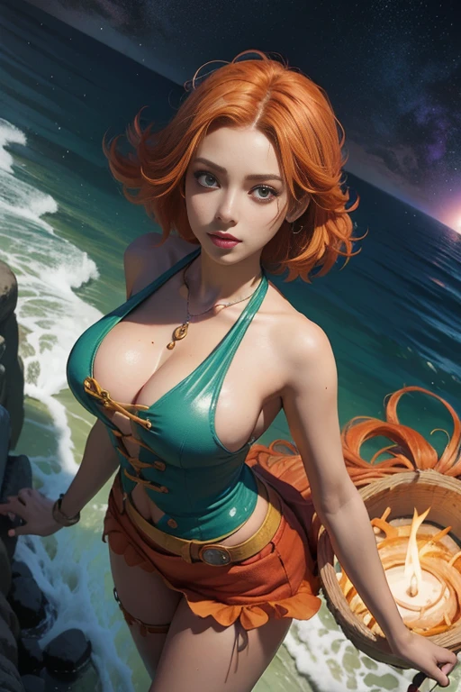 concept art, overhead angle of Nami from One Piece, wearing Funny Somali Emerald deep orange Pinafore, Caramel hair styled as Short hair, fluorescent purple Hair tie, equirectangular 360, Highres,  [(art by Willi Baumeister:1.1), (art by John T. Biggers:1.2)::17], official art, unity 8k wallpaper, ultra detailed, aesthetic, masterpiece, best quality, photorealistic