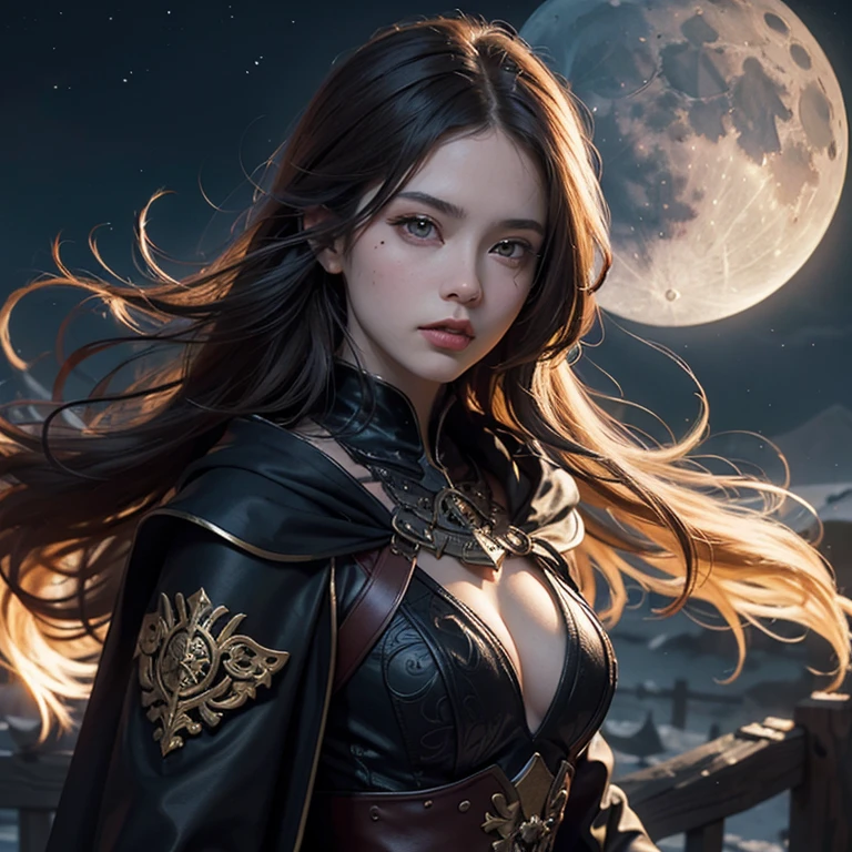 high details, Best Quality, 8K, [ultra-detailliert], masutepiece, Best Quality, (Extremely detailed), Dynamic Angle, Ultra Wide Shot, Photorealistic, Fantasy Art, dnd art, RPG art, Realistic Art, 女性の人間の聖職者のultra wide-angle像, Holding a spear, Wearing a black cloak, black robe with star sigil (1.5 intricate details, masutepiece, Best Quality), sacred symbols for casting spells, white magic seal (1.5 intricate details, masutepiece, Best Quality), wearing a black armor, plate mail armor, Symbols of the stars and the moon, Blue light from the symbol, Light brown hair (1.5 Contract details, masutepiece, Best Quality), Long hair, Braided hair, Big breasts, intense eyes, Yellow eyes, Yellow eyes,moon and straz background, ((Atmosphere of God worship)), moon light high details, Best Quality, hight resolution, ultra wide-angle