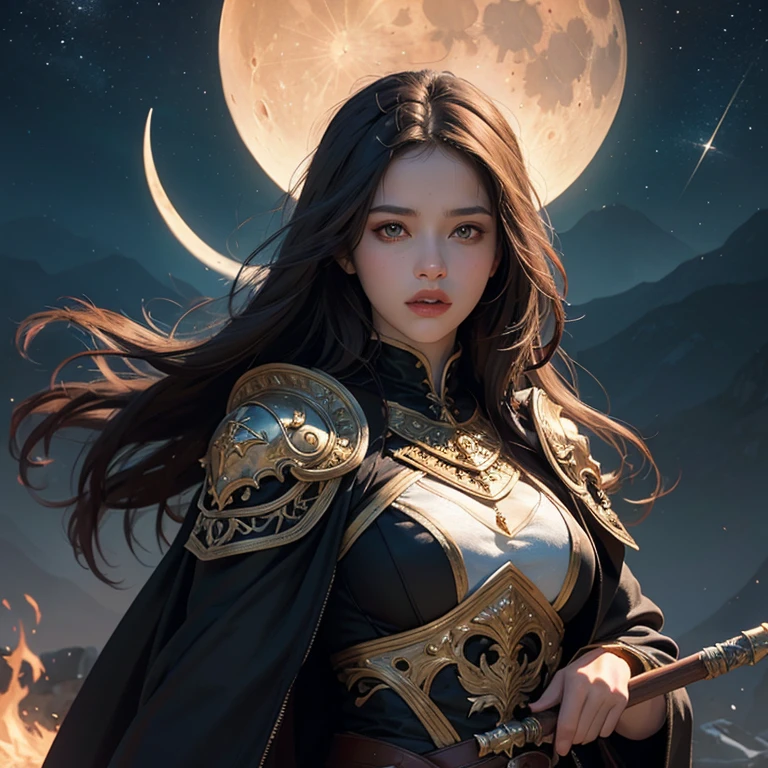 high details, Best Quality, 8K, [ultra-detailliert], masutepiece, Best Quality, (Extremely detailed), Dynamic Angle, Ultra Wide Shot, Photorealistic, Fantasy Art, dnd art, RPG art, Realistic Art, 女性の人間の聖職者のultra wide-angle像, Holding a spear, Wearing a black cloak, black robe with star sigil (1.5 intricate details, masutepiece, Best Quality), sacred symbols for casting spells, white magic seal (1.5 intricate details, masutepiece, Best Quality), wearing a black armor, plate mail armor, Symbols of the stars and the moon, Blue light from the symbol, Light brown hair (1.5 Contract details, masutepiece, Best Quality), Long hair, Braided hair, Big breasts, intense eyes, Yellow eyes, Yellow eyes,moon and straz background, ((Atmosphere of God worship)), moon light high details, Best Quality, hight resolution, ultra wide-angle