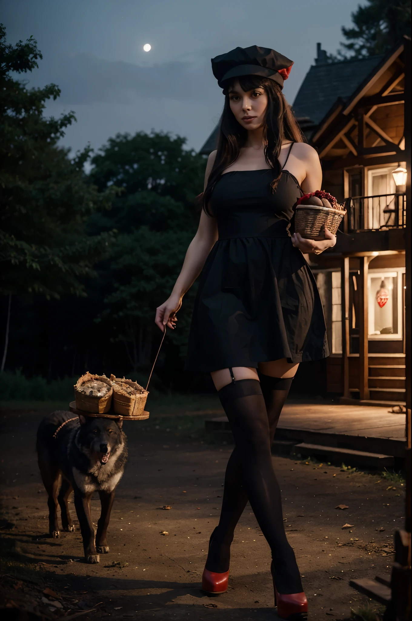 A wolf dog and a woman of normal build in a black short dress and stockings and high-heeled shoes and a red hat walks with a basket of pies in the dark through the night forest, in the background a dark wooden house