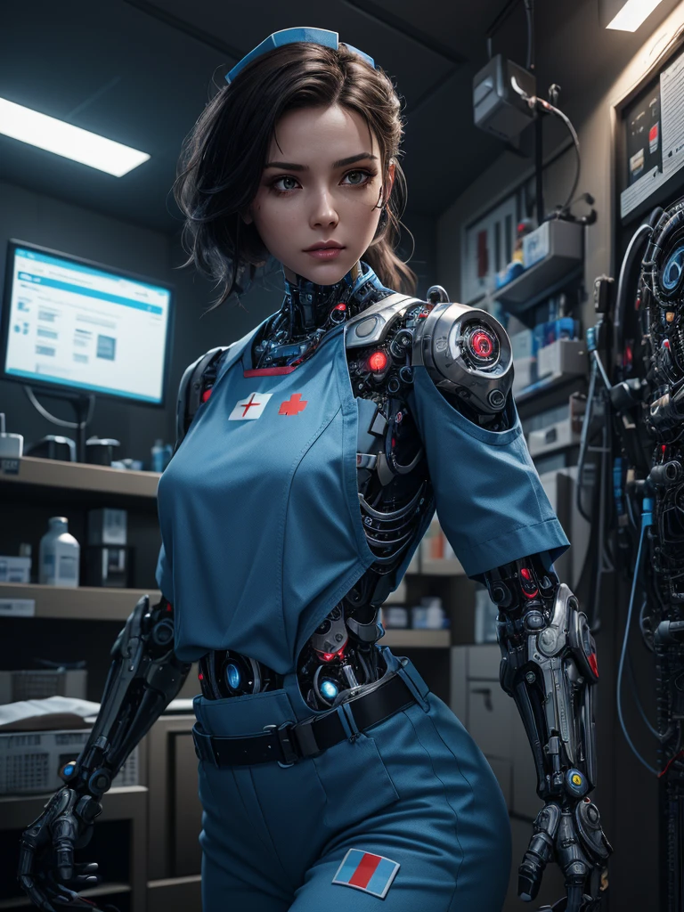 Cinematic Waist Up Portrait of gorgeous female cyborg nurse in a small city clinic, detailed face, detailed cybernetic enhanced blue retinas, insanely detailed and intricate scene and cybernetic limbs, donning field  medic jumpsuit, ultra high resolution, octane render, octane lighting