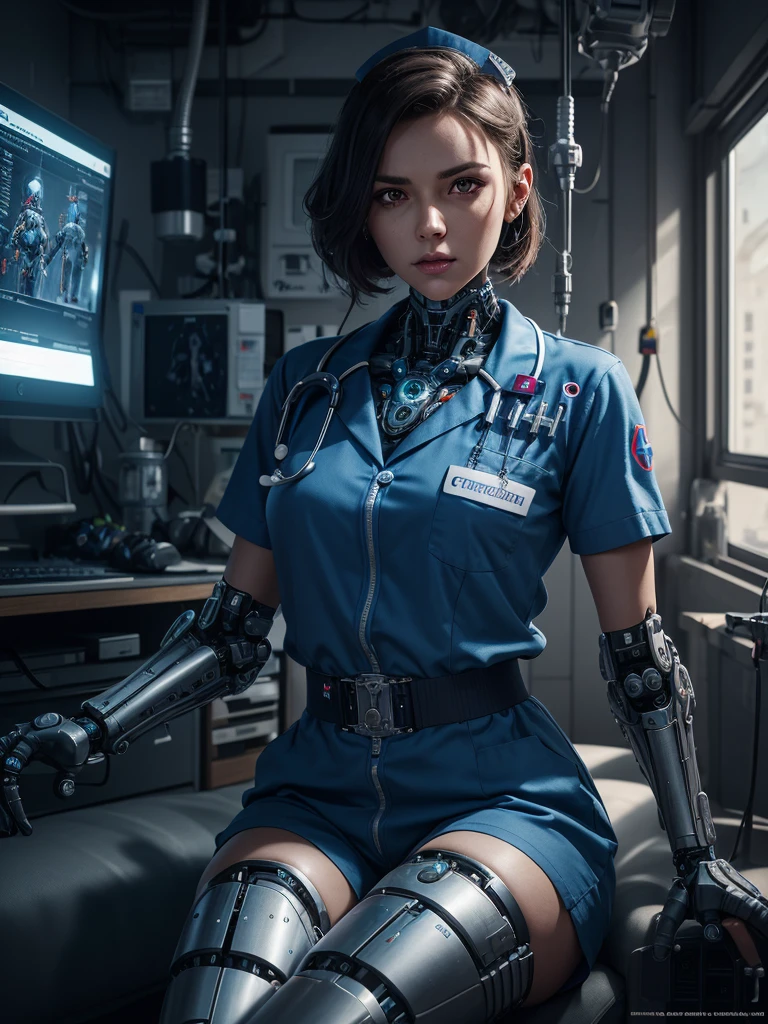 Cinematic Waist Up Portrait of gorgeous female cyborg nurse in a small city clinic, detailed face, detailed cybernetic enhanced blue retinas, insanely detailed and intricate scene and cybernetic limbs, donning field medic jumpsuit, ultra high resolution, octane render, octane lighting