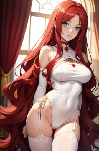 anime woman, long red hair, ekaterina、beautiful golden eyes、30-years old, tall, she wears a tight white top and white pantyhose, I don't wear panties.、accurate anatomy, standing in the royal bedroom, 8K, High resolution、Red pubic hair is visible、