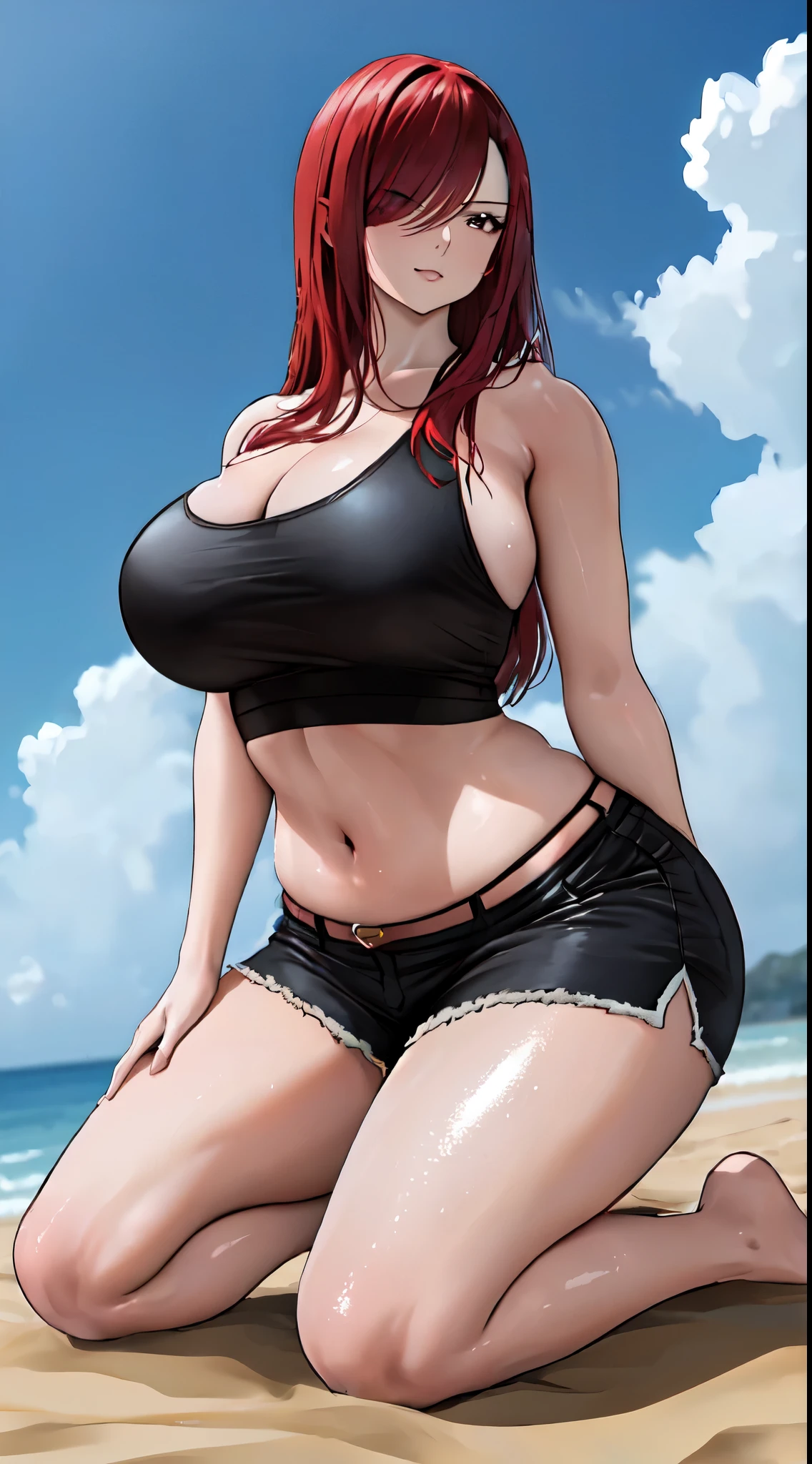 erza, red hair, hair over one eye, brown eye, gigantic breast, eye on viewer, ((hands pose, milf, plump, under boobs, extra shorts hot pants, black tank top, high leg, mature female)), smiley, closed mouth, ((((kneeling, from below, shiny skin))), outdoors, sky, clouds, cinematic lighting, beach, cleavage, high detailed skin, navel, ultra high res, wide hip, (masterpiece, best quality:1.2),