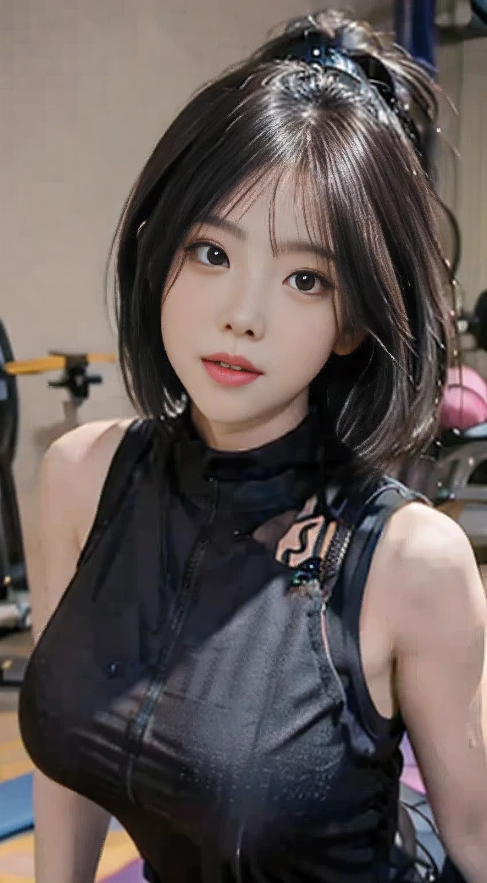 A Chinese woman in gym equipment, fluffy hair, delicate face, bright, real girl, large aperture, wearing tight yoga pants, tight trousers, wearing a nine-point yoga vest, round neck vest, macro shooting, slightly fat, plump, sexy, looking at you, good-looking eyes, very plump, very big breasts,