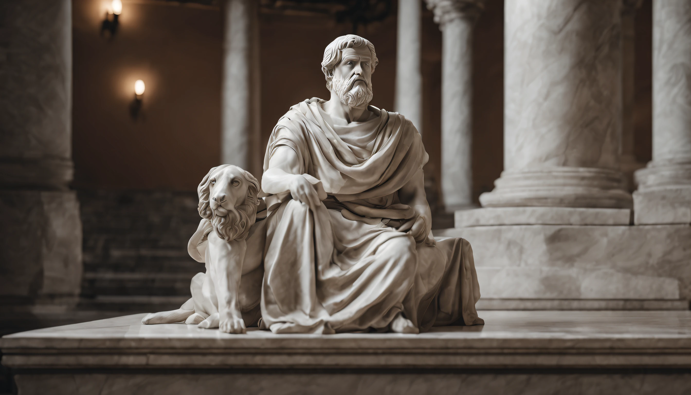 A realistic Greek white marble statue of thoughtful brave Aristotle detailed wearing a ghostly toga, fundo neutro, Moody, , fotorrealista, thoughtful movie dinner, super detalhada, hiper realista, luzes brilhantes, 8 K