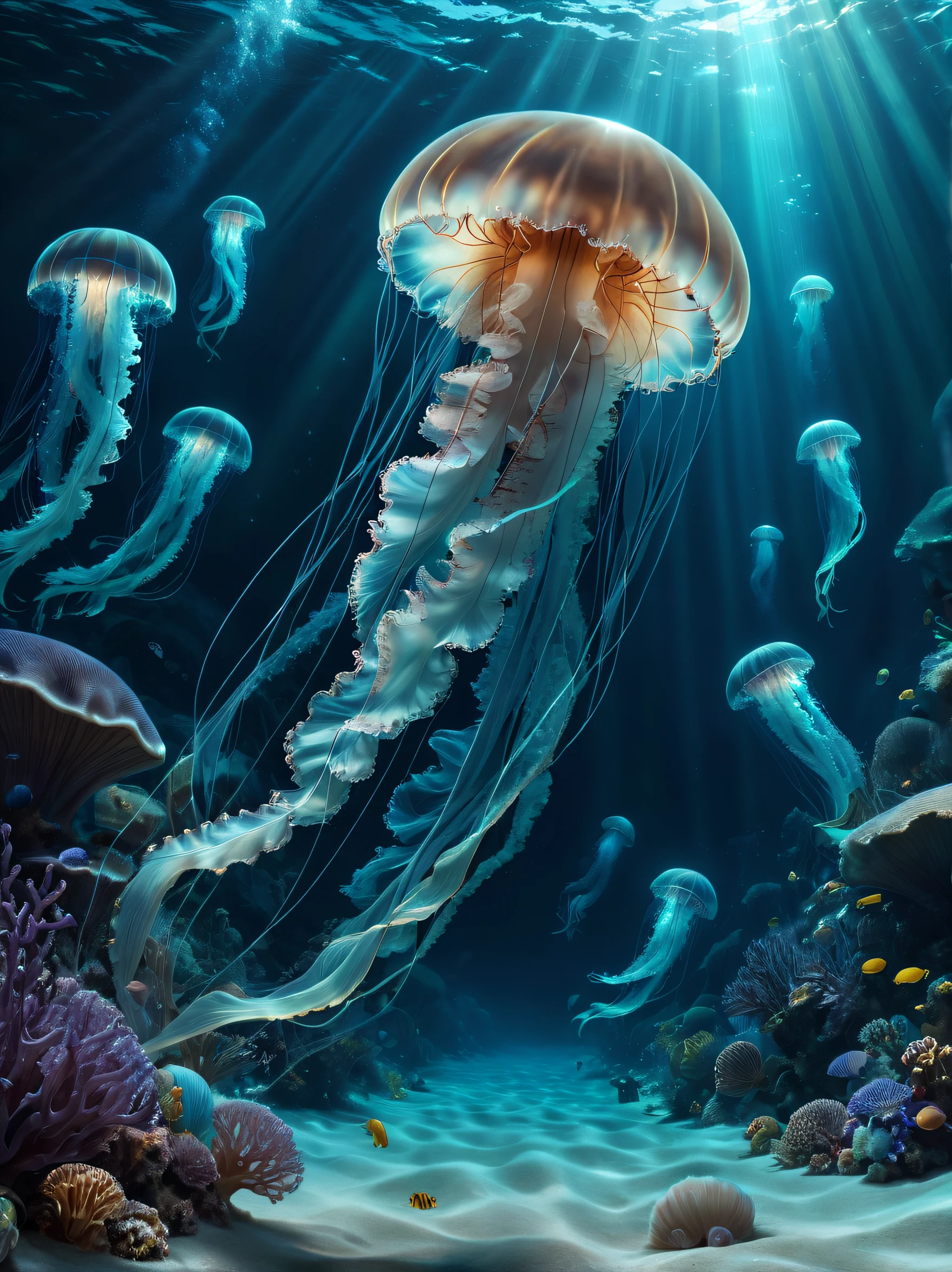 (Best quality at best,4K,8K,A high resolution,tmasterpiece:1.2),ultra - detailed,(actual,photoactual,photo-actual:1.37),(No one:1,9),fantastic underwater scenes, Sparkling jellyfish, surreal scenery, 64k resolution, ultra-realistic realism, hyper HD.