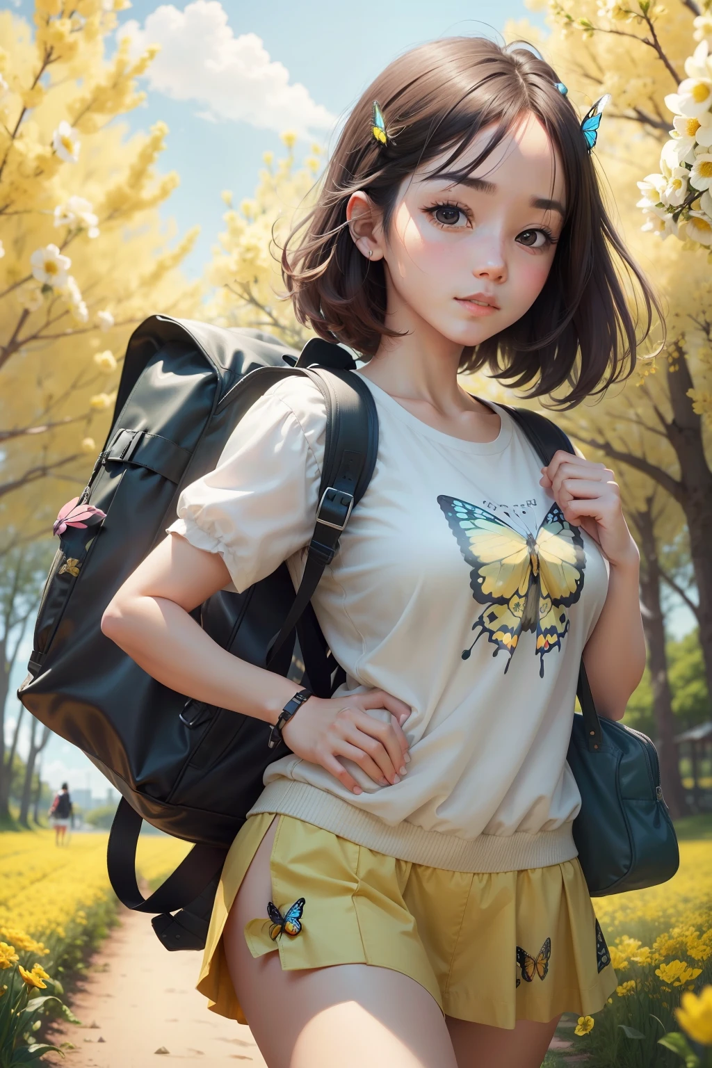 An attractive girl carrying a backpack、Enjoying a cute spring outing with a cute puppy surrounded by beautiful yellow flowers and nature. The illustrations are high-definition illustrations with 4K resolution.、Featuring highly detailed facial features and cartoonish visual Butterfly Dance。)
