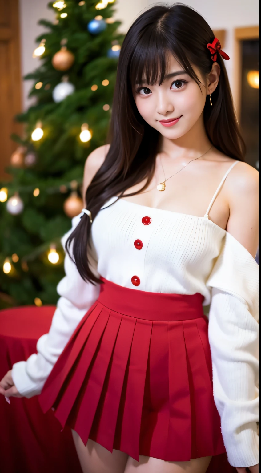 Best-quality, Masterpiece, Ultra-High-Resolution, (Photorealistic:1.4), Raw-Photo, Extremely-Detailed, Perfect-Anatomy, 1girl, 15-years-old, the most famous Japanese idol, wearing only sexy-Christmas-costume, having a lot of fun at Christmas home party, upturned ass wearing pleated skirt with Christmas design, extremely cute face like the most popular Japanese idol, extremely beautiful big-black-solid-circle-eyes, extremely beautiful hair, extremely beautiful long-eyelashes, extremely beautiful lips, extremely beautiful white skins, extremely beautiful thighs, looking at viewer, innocent smile, face focus, cowboy-shot, dynamic-pose, detailed sexy Christmas costume, detailed Christmas home party, detailed pleated skirt with Christmas design