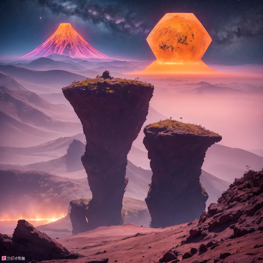 Light orange style，Purple pink series，Alien Hexagonal Base (Nipples are very delicate) In a hexagonal mountain oasis，There are several hexagonal exhaust fans and chimneys, some neon lights project from the base，Light up the night), There are some clouds in the night sky, Some surrounding planets provide air to unknown planets，The most remote giant hexagonal volcano erupts，the rainforest