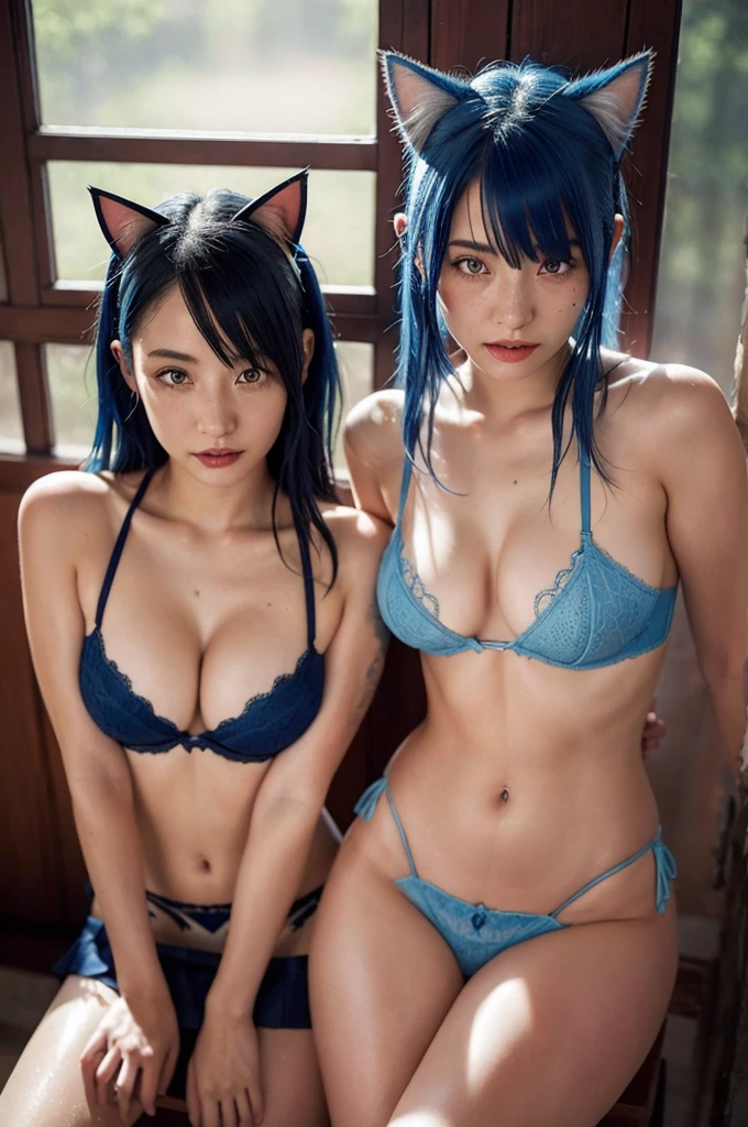 2 girl, blue hair, tattoos, classroom, cat ears, beautiful, idyllic, sublime, absurdres, hyper-realism, textured, maximum_detail, looking at viewer, lingerie, topless, skin tight short skirt, wet, embarassed, kissing