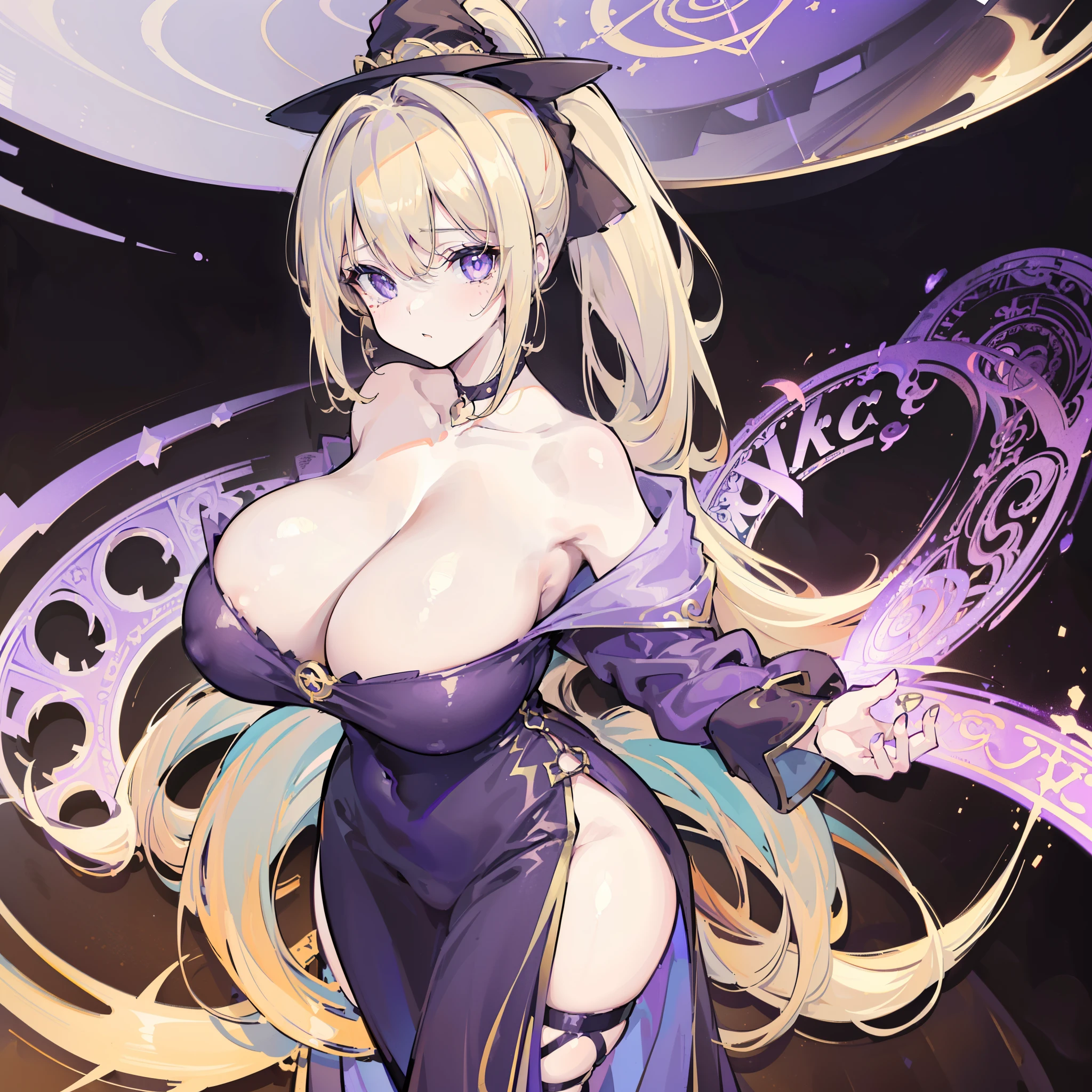 (8K, Best quality at best, tmasterpiece:1.2),\(Eyes detailed\),\(facial feature\),(\(clothes details details body lesbian,(surface focus) ,Very detailed CG unified 8k wallpaper,hugefilesize,ultra - detailed,A high resolution,Huang Li,beautidful eyes,ray traycing,Dramatic shadows,Detailed pubic hair,dramatic angles,hyper-detailing,(1 girl:1.3),(Alone),18yr old,(combed blonde hair:1.4),(dark strong blue eye),(double-ponytail:1.3), Mature and plump body,MILF MILF huge, massive cleavage, Thigh thick, Wide hips, sexy for, Full body lesbian, Witch hat, halloween, Big breasts teacher, equestrian company, Bigchest,mages,Willow waist,,(Purple gold embroidered magic robe),salama.magic space,dark stormy clouds,(safe:1.1),(circular magic circle in the sky:1.2)+(Huge golden magic circle:1.2)+(A magic circle inscribed with blasphemous verses:1.3),