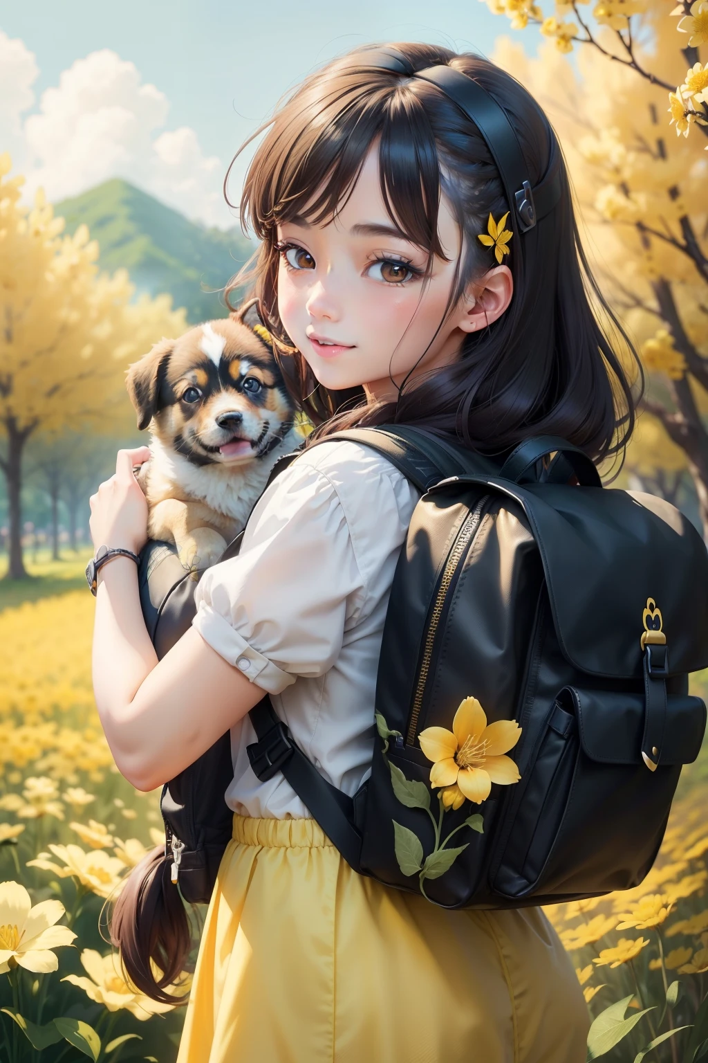 Attractive girl with backpack on her back、Surrounded by beautiful yellow flowers and nature、Enjoy spring outings with cute puppies. The illustration is a high-definition illustration in 4K resolution.、A slight smil、ultra-detailliert:1.0 (Illustration, Line drawing), masutepiece,Features highly detailed facial features and cartoonish visual butterfly dance。)