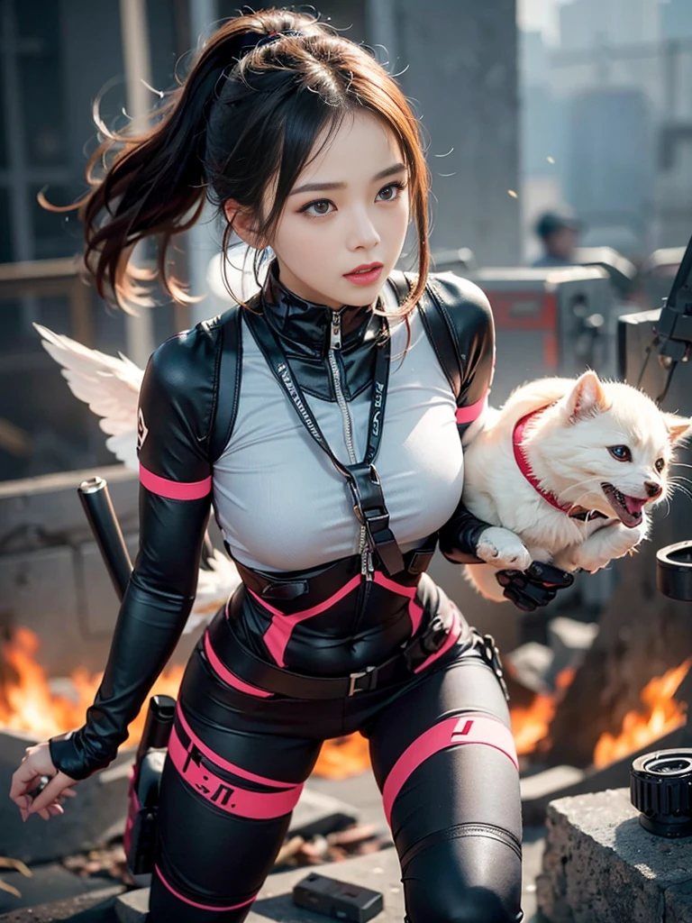 (1girl in:1.3), Solo, (((Very detailed face)))), ((Very detailed eyes and face)))), Beautiful detail eyes, Body parts__, Official art, Unified 8K Wallpaper, Beautiful and beautiful, Beautiful, masutepiece, Best Quality, Original, masutepiece, Super Fine Photo, Best Quality, 超A high resolution, Realistic realism, Sunlight, Full body portrait, Amazing beauty, Dynamic Pose, Delicate face, (Bright eyes from the front), She wears a combat suit, black with one -point red color scheme, women military uniform, Very detailed abandoned warehouse background, Detailed face, Detailed complex busy background, Messy, Gorgeous, Milky White, highly detailed skin, Realistic skin details, Visible Pore, Clear focus, Volumetric fog, 8K UHD, High quality, Film grain, Fair skin, photorealisim, Lomography, futuristic dystopian giant metropolis, Explosion smoke,emergency siren,In battle with the enemy,tense look,tense situation,Combat helicopter,Well-formed beautiful face,Oriental,Korea person,Super beautiful girl in her 10s,A girl full of spirit,Rushing through danger as a rescue worker,strong-willed woman,Strong Woman,former mercenary,fighting professional,Duties: Relief activity team leader,Clearing blue sky,A precious girl who defends the holy war with a pure heart.,Transport the minimum necessary medical equipment,Angle photo from below,Rin, the symbol of battle々Shishi Face,kawaii faces,CLC Yujin,ive Yujin,