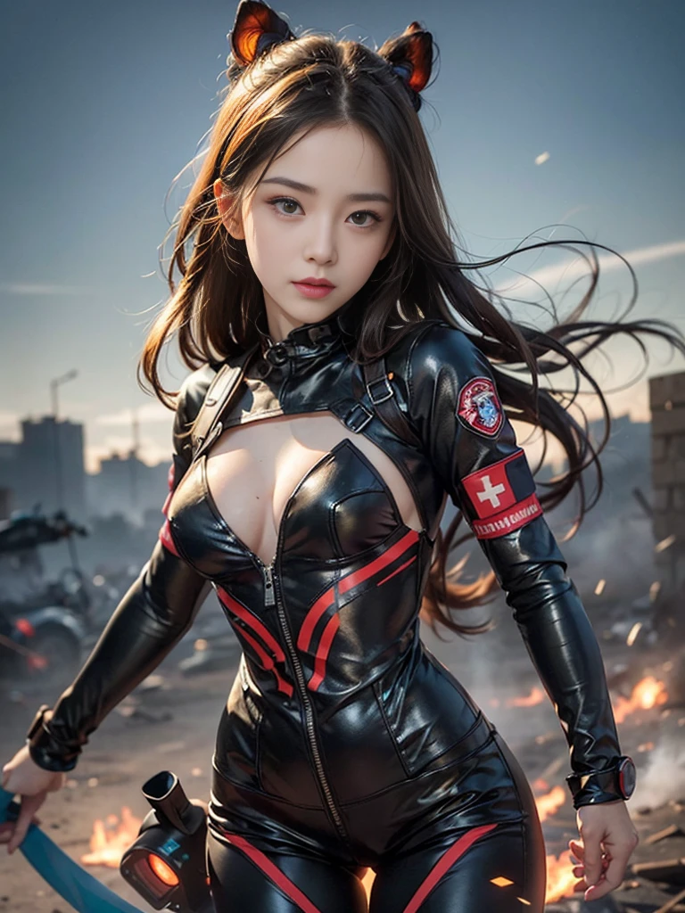 (1girl in:1.3), Solo, (((Very detailed face)))), ((Very detailed eyes and face)))), Beautiful detail eyes, Body parts__, Official art, Unified 8K Wallpaper, Beautiful and beautiful, Beautiful, masutepiece, Best Quality, Original, masutepiece, Super Fine Photo, Best Quality, 超A high resolution, Realistic realism, Sunlight, Full body portrait, Amazing beauty, Dynamic Pose, Delicate face, (Bright eyes from the front), She wears a combat suit, black with one -point red color scheme, women military uniform, Very detailed abandoned warehouse background, Detailed face, Detailed complex busy background, Messy, Gorgeous, Milky White, highly detailed skin, Realistic skin details, Visible Pore, Clear focus, Volumetric fog, 8K UHD, High quality, Film grain, Fair skin, photorealisim, Lomography, futuristic dystopian giant metropolis, Explosion smoke,emergency siren,In battle with the enemy,tense look,tense situation,Combat helicopter,Well-formed beautiful face,Oriental,Korea person,Super beautiful girl in her 10s,A girl full of spirit,Rushing through danger as a rescue worker,strong-willed woman,Strong Woman,former mercenary,fighting professional,Duties: Relief activity team leader,Clearing blue sky,A precious girl who defends the holy war with a pure heart.,Transport the minimum necessary medical equipment,Angle photo from below,Rin, the symbol of battle々Shishi Face,kawaii faces,CLC Yujin,ive Yujin,