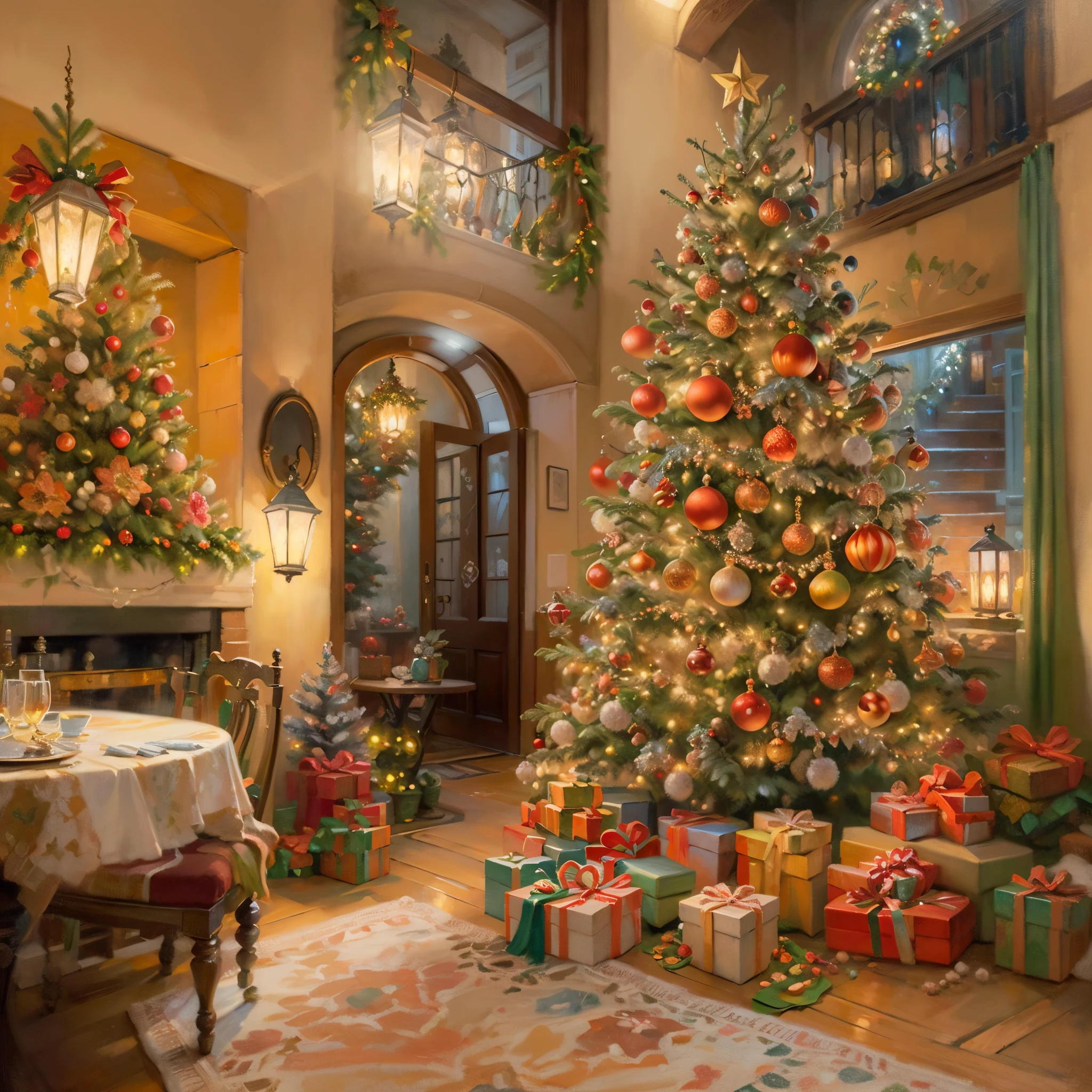 an oil painting,da vinci art style, (Metropolis Luxury Villa,Warm and cozy Christmas decoration,(Christmas decorations on the door,flower ring,Christmas tree,gifts,Lantern,pompon),Guviz-style artwork,,Artistic creativity:1.37, Sweet,Wonderful and magical,Exquisite,Natural soft light,Good life, high high quality,8k,A high resolution,tmasterpiece,ultra - detailed,hyper HD,Studio lighting,hyperdetailed painting,Extremely detailed description,professinal,vibrant with colors,Vivid and warm tones,Soft and comfortable lighting