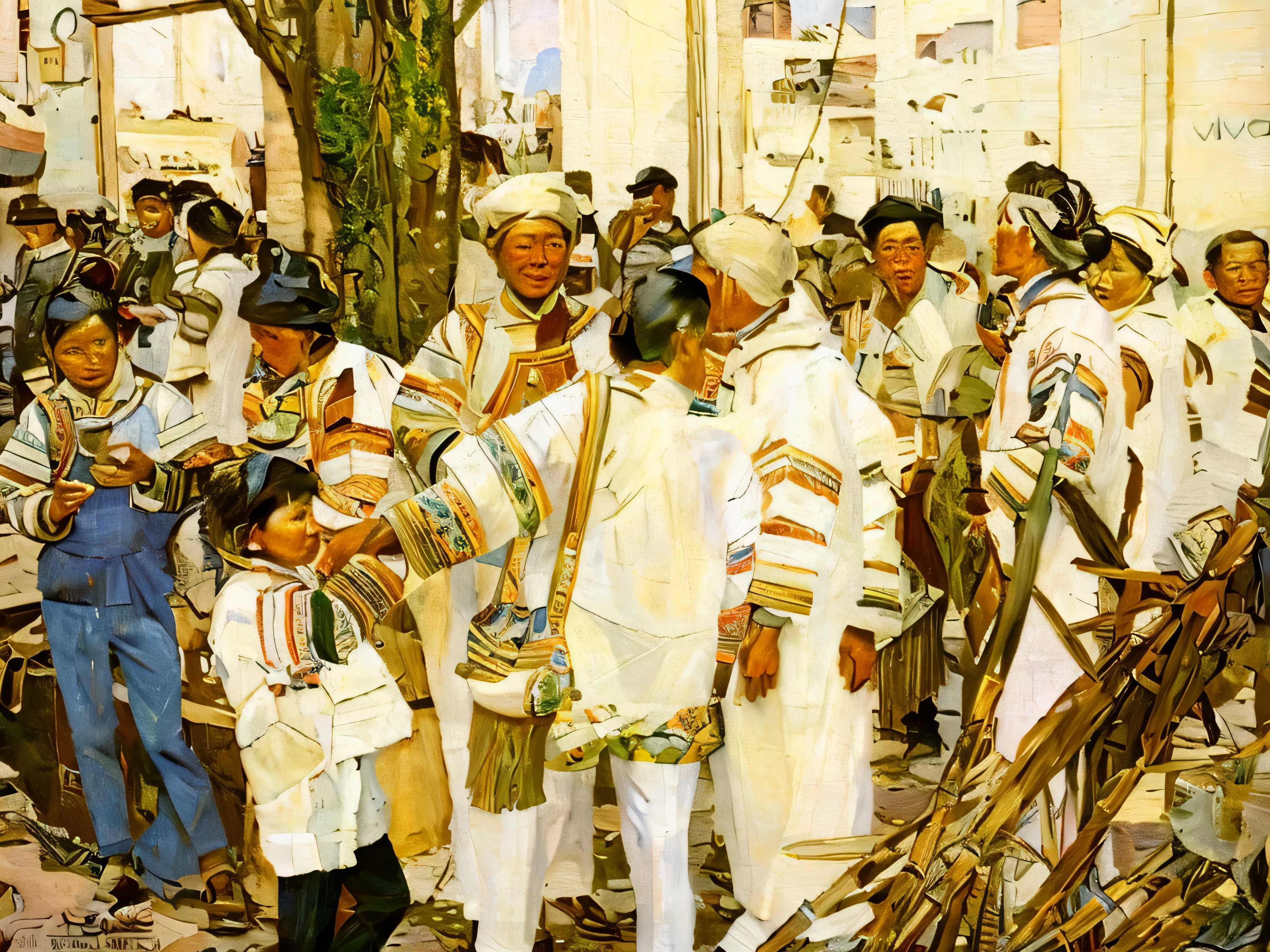 (Best quality at best,4K,8K,A high resolution,tmasterpiece:1.2),ultra - detailed,actual, oil painted,Carefully drawn brushstrokes,People standing in a row wearing hats,traditional custom suit,traditional garb,traditionalcostumes,authentic clothing,traditional garb,traditional garb with intricate patterns,people having fun,Folk,中国traditionalcostumes,a chinese village,The streets are filled with countless NPCs,beautiful individual,bustling crowd,extremly intricate