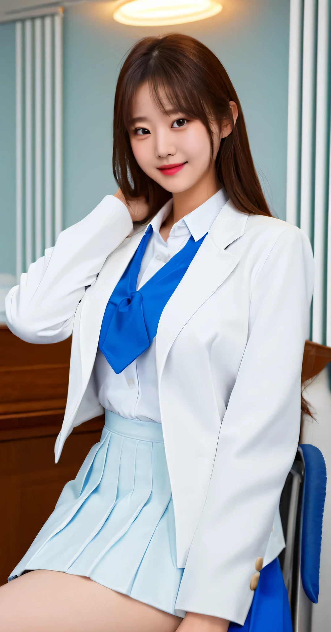 (best qualtiy,4K,tmasterpiece:1.2),Pretty women,1girll,Raised :1.1,Dark yellow hair:1.1,Woman in school uniform,Soaked black school uniform,Super detailed face,Detailed lips,A detailed eye,二重まぶた,White miniskirt black stockings,Stand up