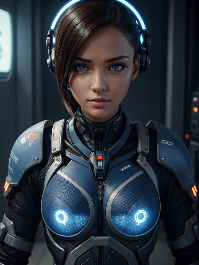 Cinematic Waist Up Portrait of gorgeous female cyborg nurse in a small city clinic, detailed face, detailed cybernetic enhanced blue retinas, insanely detailed and intricate scene and cybernetic limbs, donning field medic jumpsuit, ultra high resolution, octane render, octane lighting, cybernetic clear faceshield