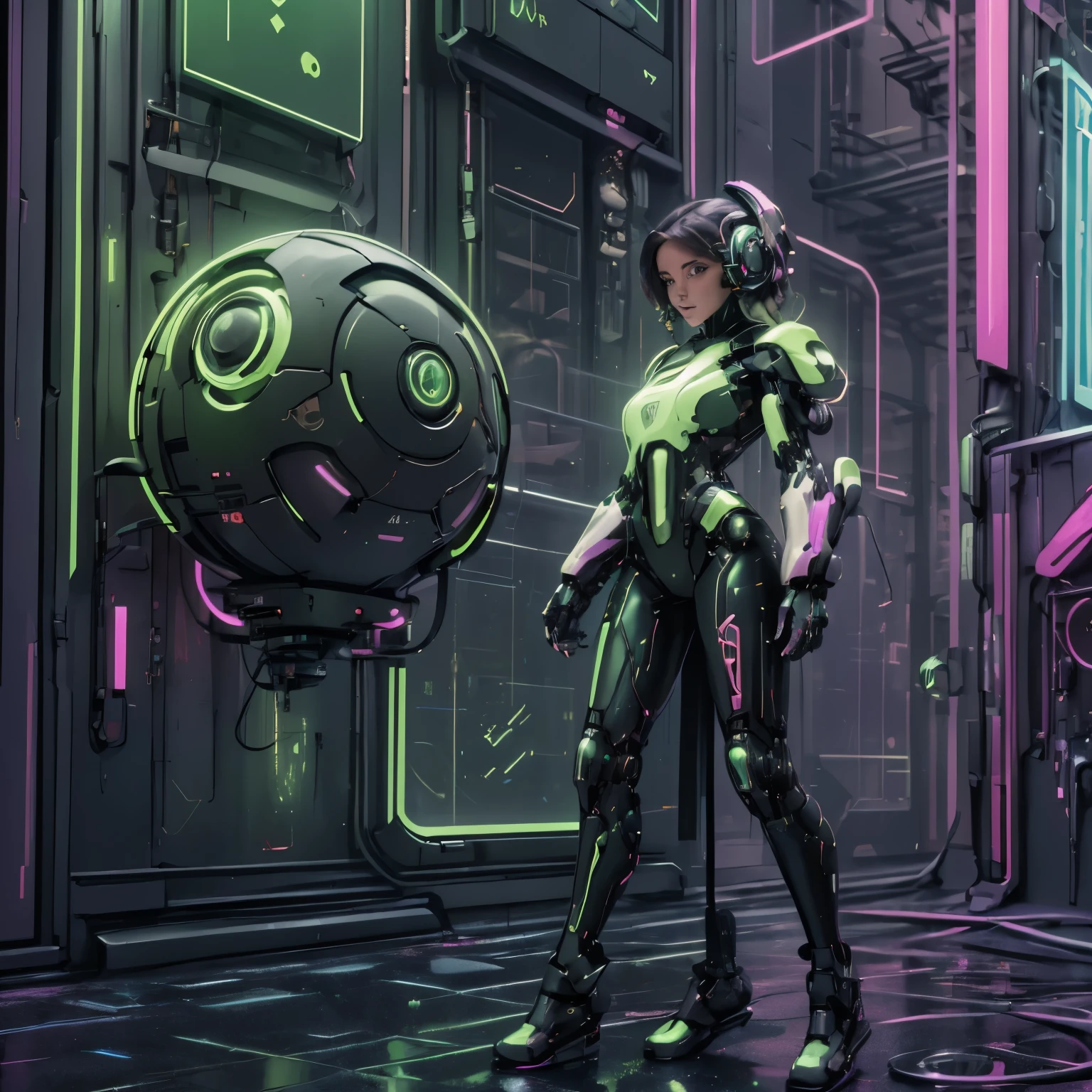 (best quality,4k,8k,highres,masterpiece:1.2),ultra-detailed,(realistic,photorealistic,photo-realistic:1.37),A lo-fi-style girl in a cyberpunk city,illustration,digital painting,neon colors,dark atmosphere,futuristic technology,retro vibes,cybernetic enhancements,graffiti art,urbanscapes,abandoned buildings,rainy streets,glowing holograms,levitating vehicles,vivid streetlights,smoke-filled alleyways,lonely figure,hacker aesthetic,fashionable outfit,overgrown plants,subtle lens flares,dynamic composition,gritty textures,ethereal glow,neon signs,lens distortion,headphones,electric sparks,slightly desaturated tones,subtle film grain,mysterious aura,reflection in wet pavements